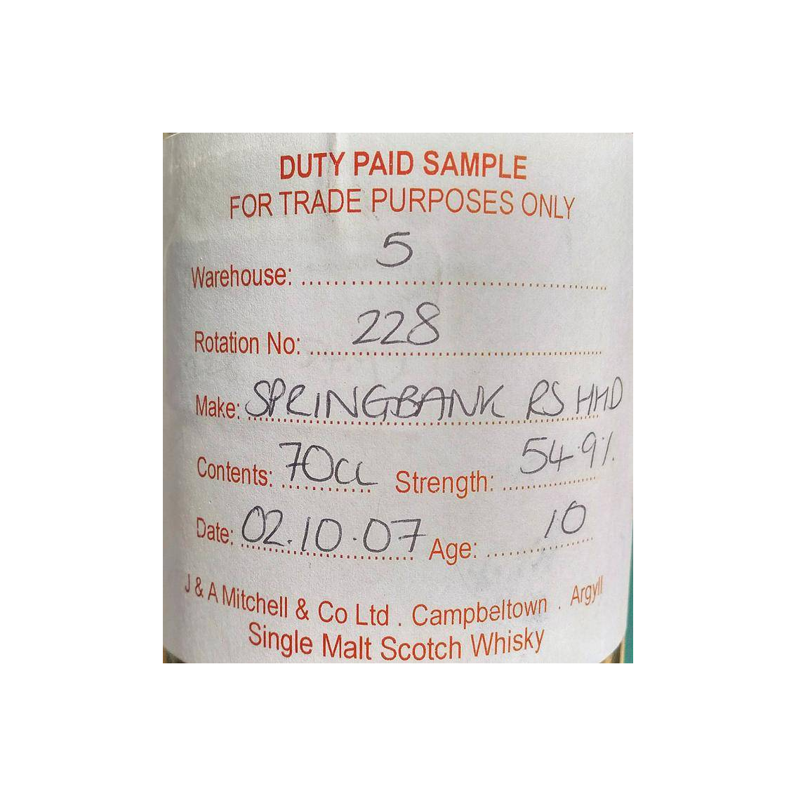 Springbank Duty Paid Sample - For Trade Purposes Only 2007 10 Years Single Malt Whisky