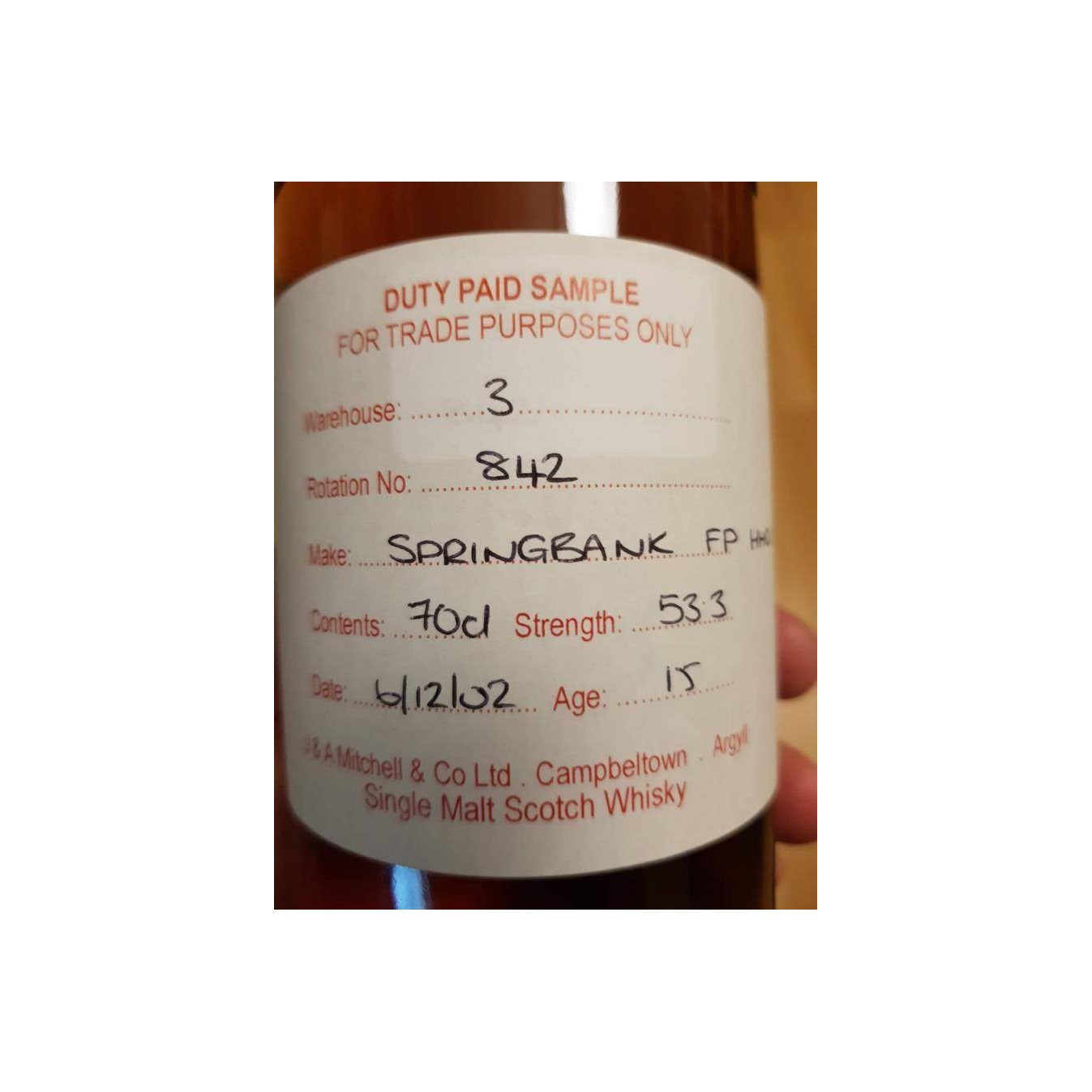 Springbank Duty Paid Sample - For Trade Purposes Only 2002 15 Years Single Malt Whisky