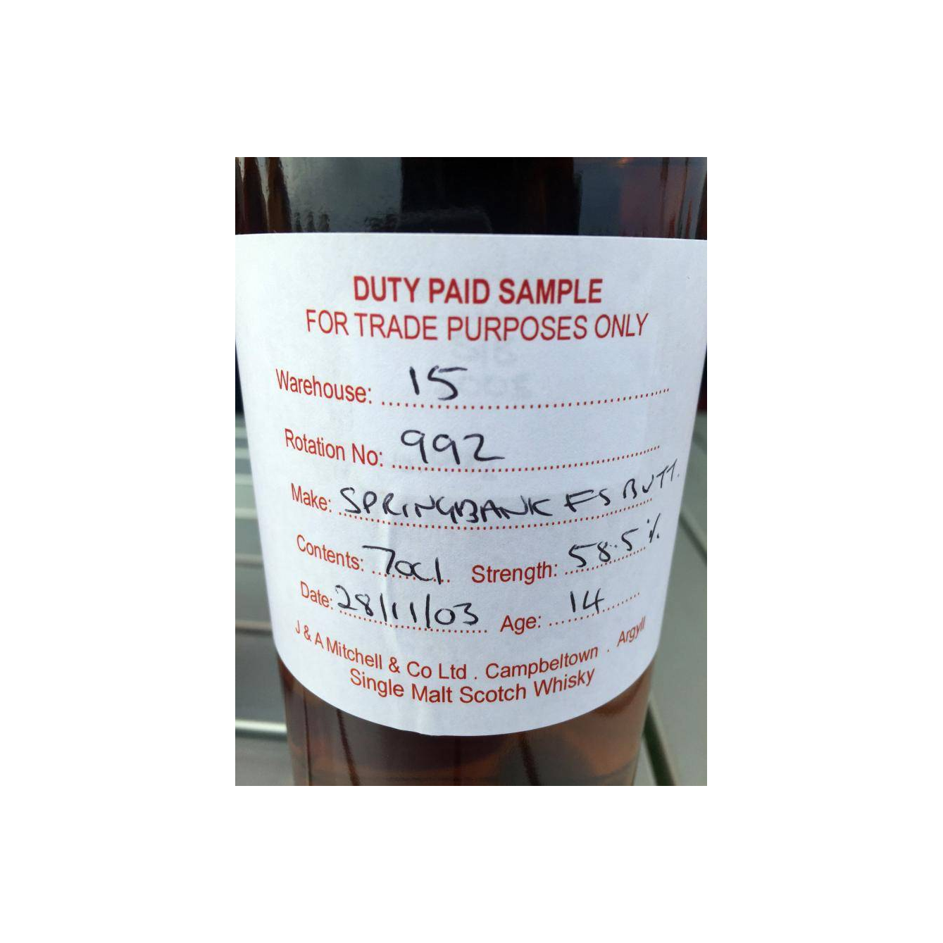 Springbank Duty Paid Sample - For Trade Purposes Only 2003 14 Years Single Malt Whisky