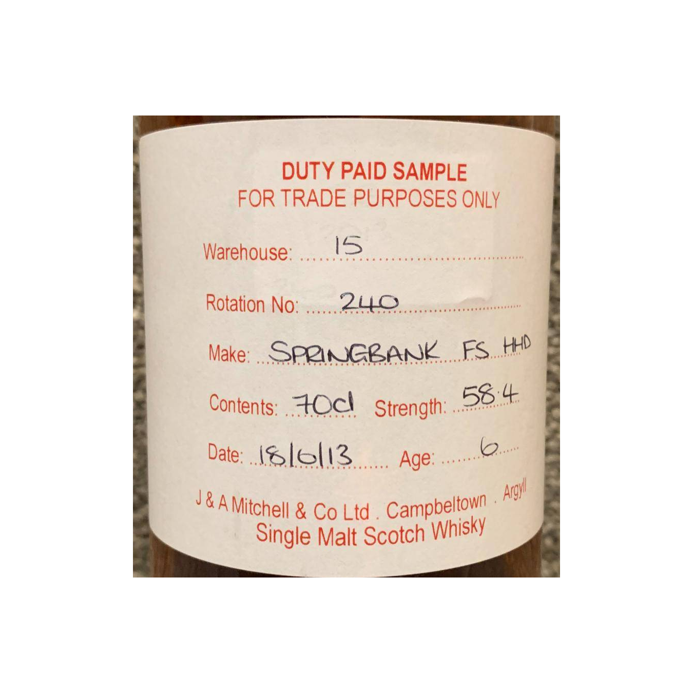Springbank Duty Paid Sample - For Trade Purposes Only 2013 6 Years Single Malt Whisky