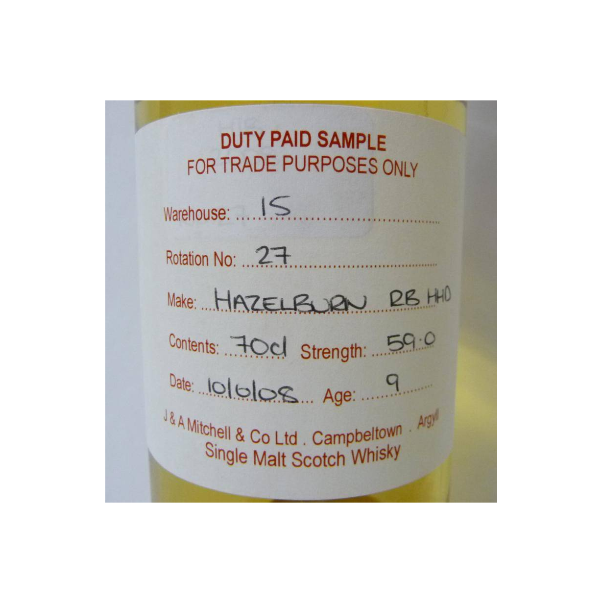 Hazelburn Duty Paid Sample - For Trade Purposes Only 2008 9 Years Single Malt Whisky 2