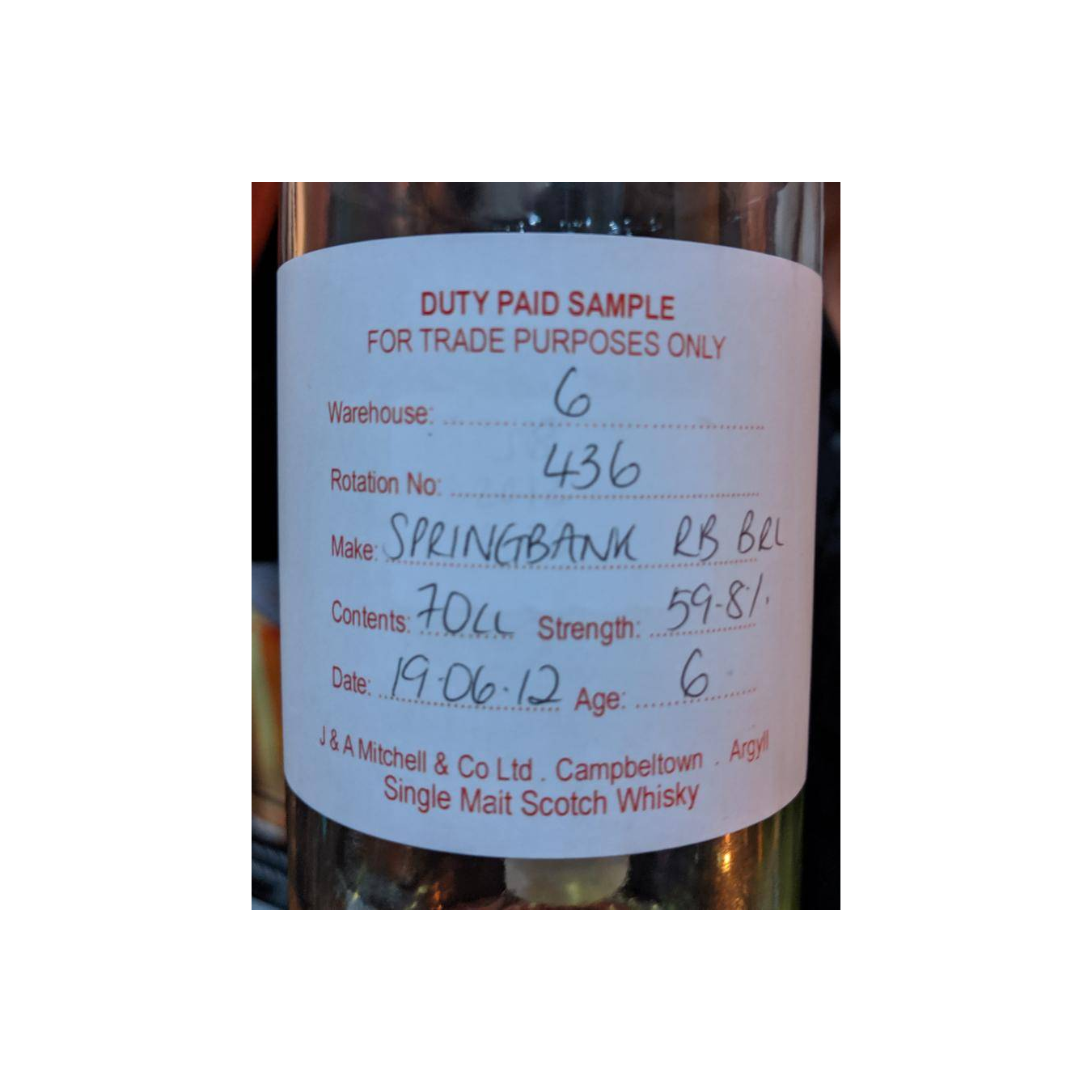 Springbank Duty Paid Sample - For Trade Purposes Only 2012 6 Years Single Malt Whisky