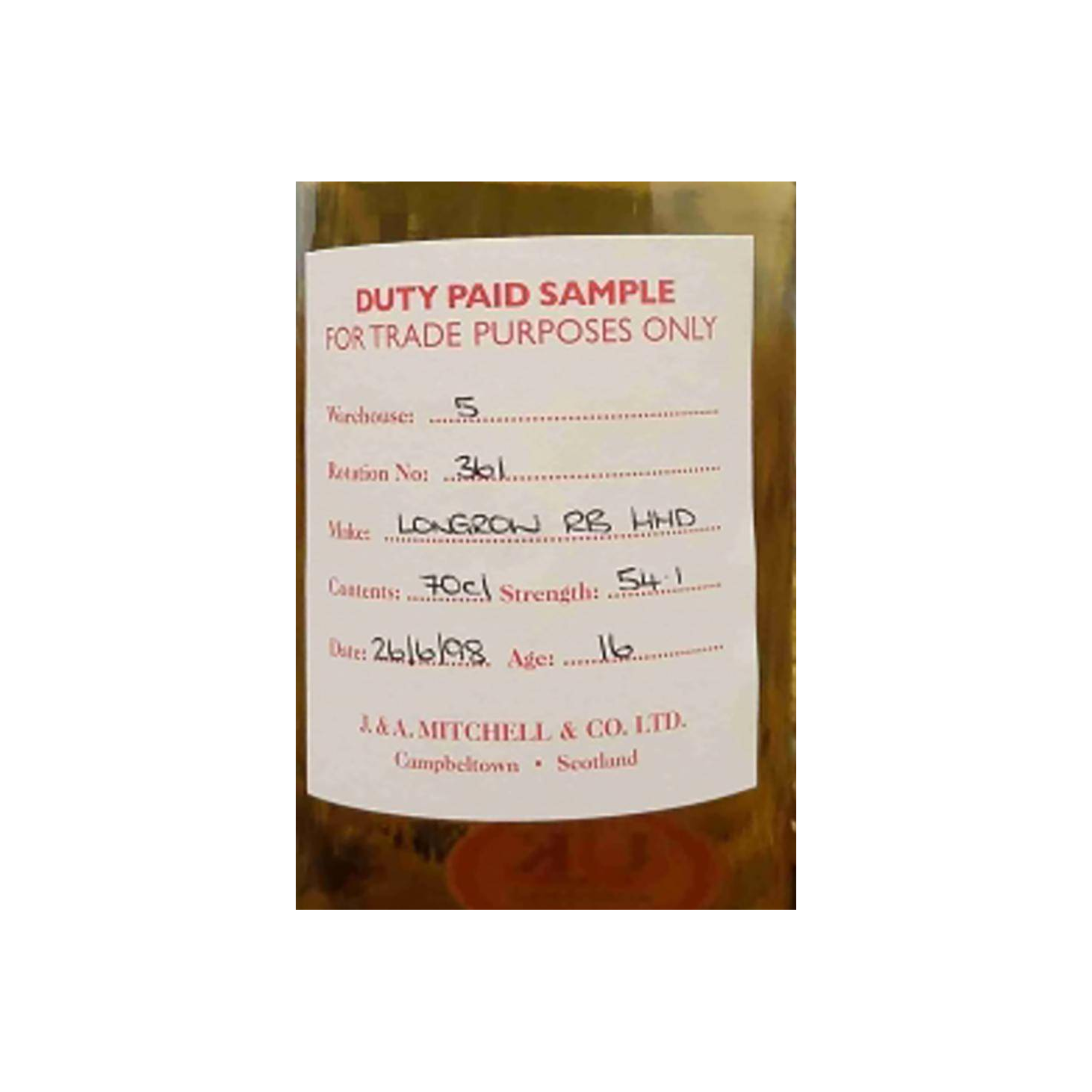 Longrow Duty Paid Sample - For Trade Purposes Only 1998 16 Years Single Malt Whisky