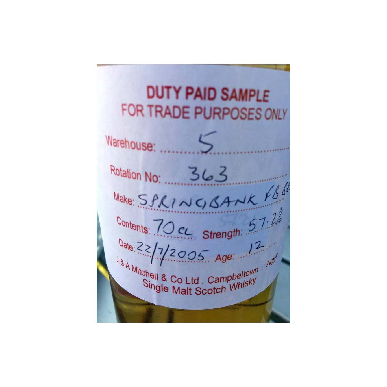 Springbank Duty Paid Sample - For Trade Purposes Only 2005 12 Years Single Malt Whisky 2