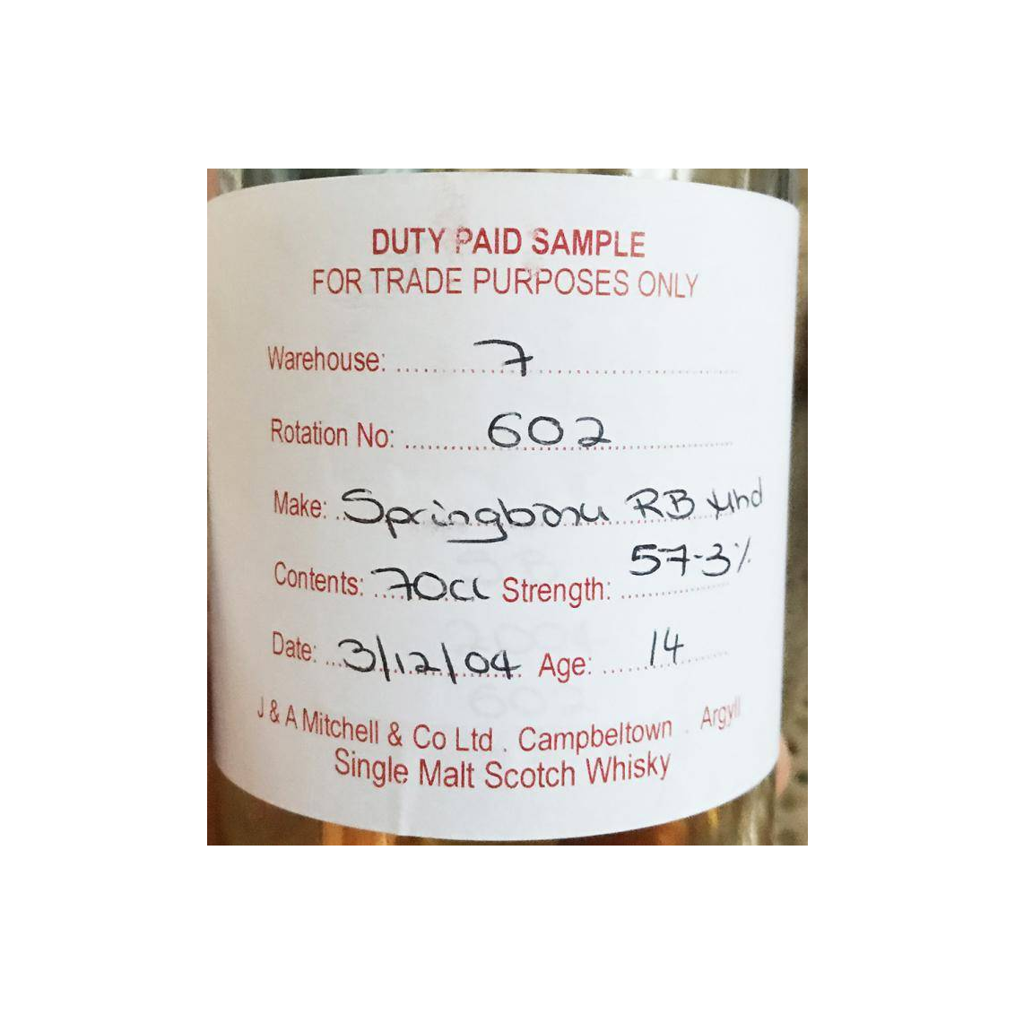 Springbank Duty Paid Sample - For Trade Purposes Only 2004 14 Years Single Malt Whisky