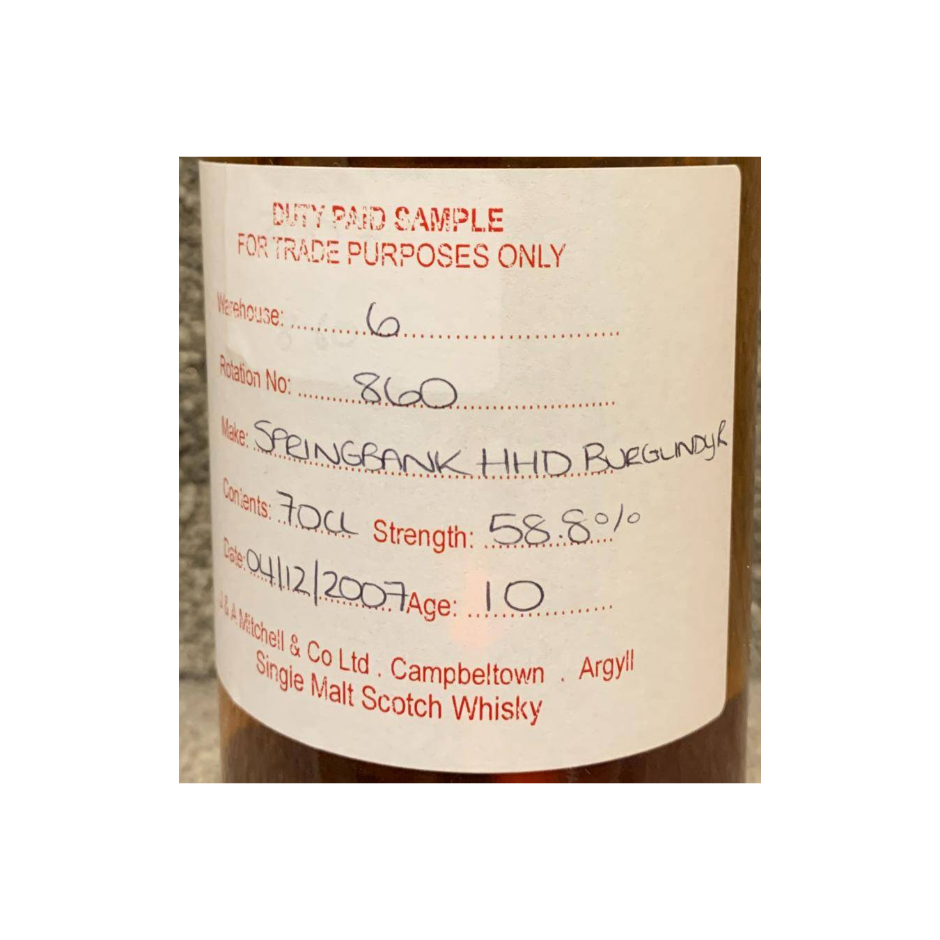 Springbank Duty Paid Sample - For Trade Purposes Only 2007 10 Years Single Malt Whisky 2