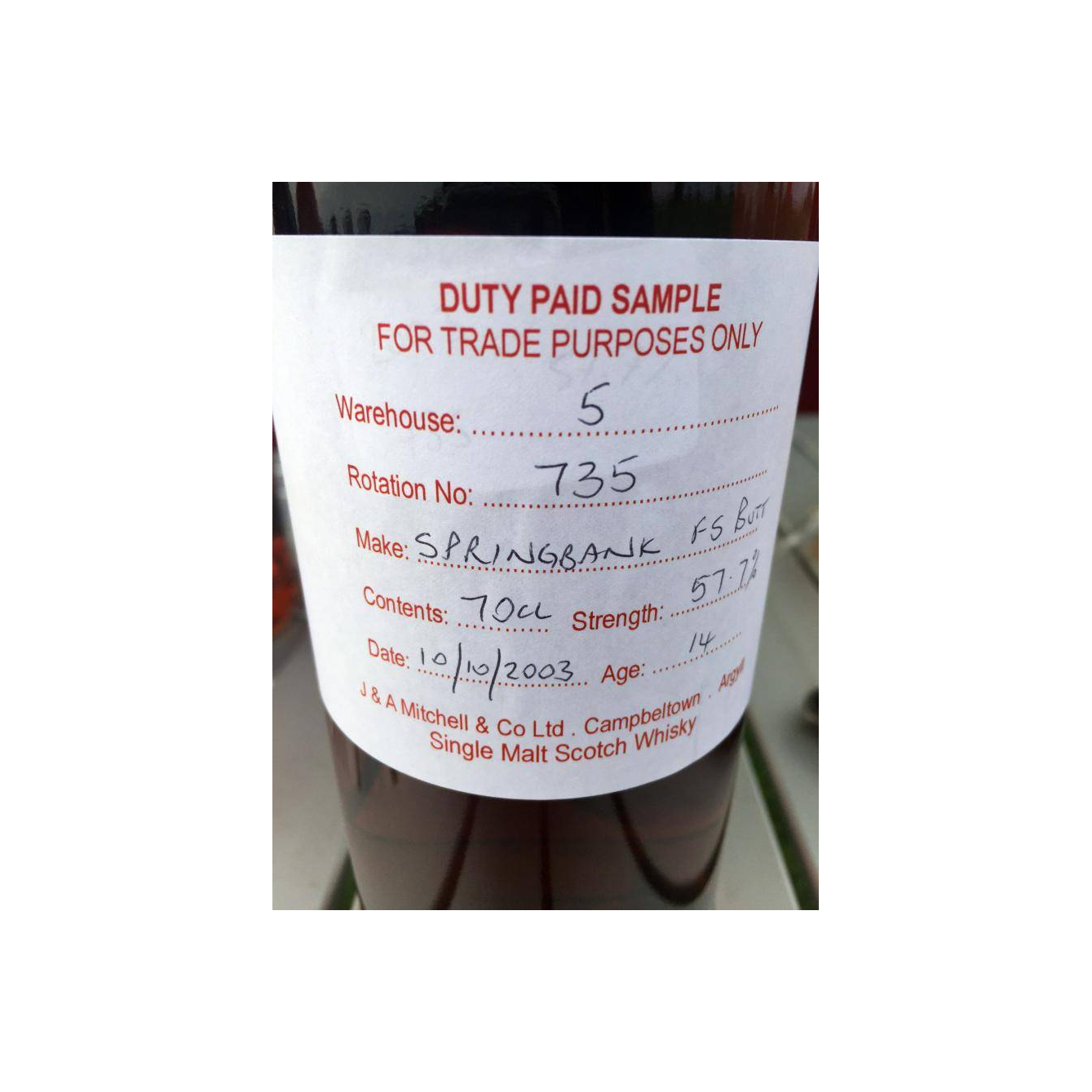 Springbank Duty Paid Sample - For Trade Purposes Only 2003 14 Years Single Malt Whisky