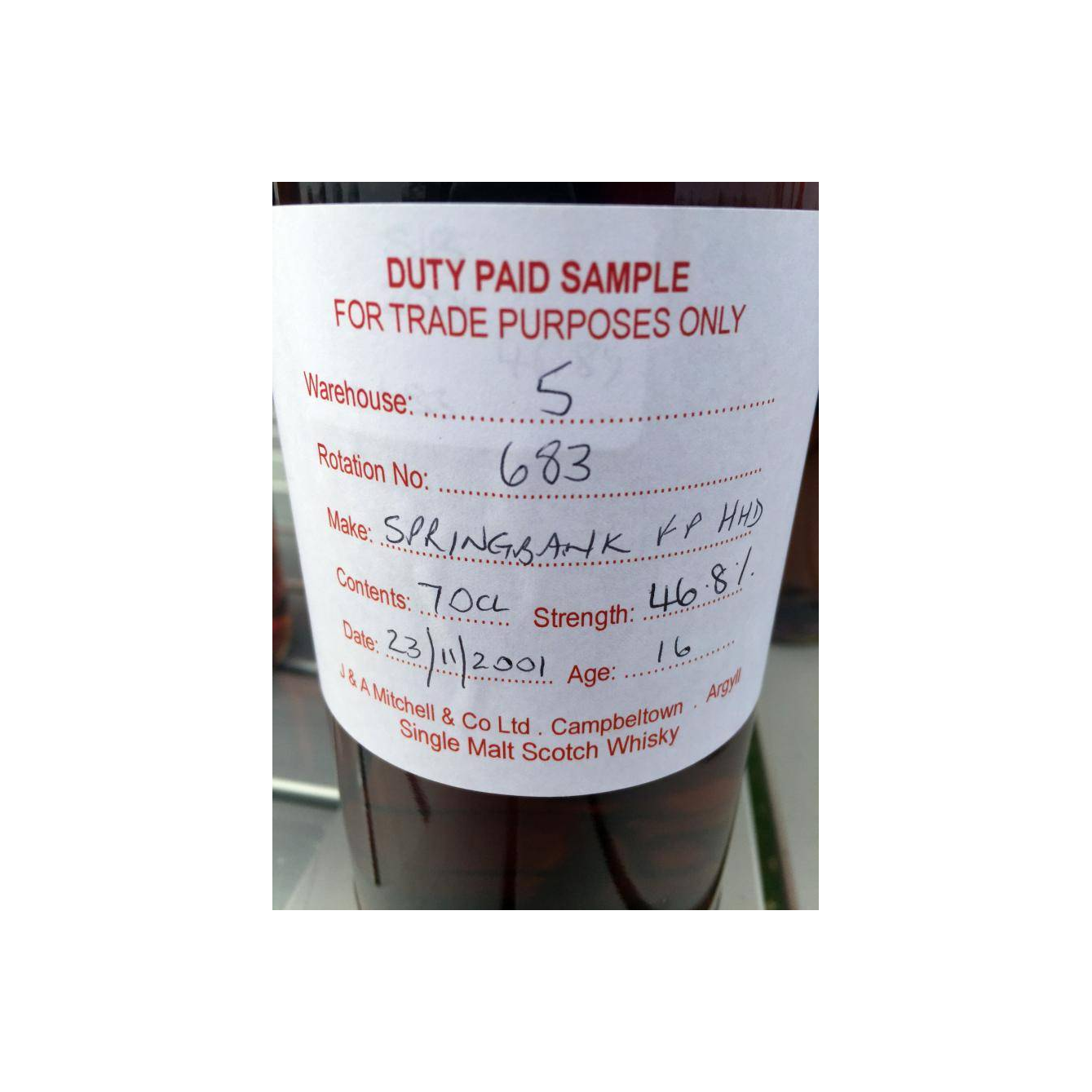 Springbank Duty Paid Sample - For Trade Purposes Only 2001 16 Years Single Malt Whisky 2