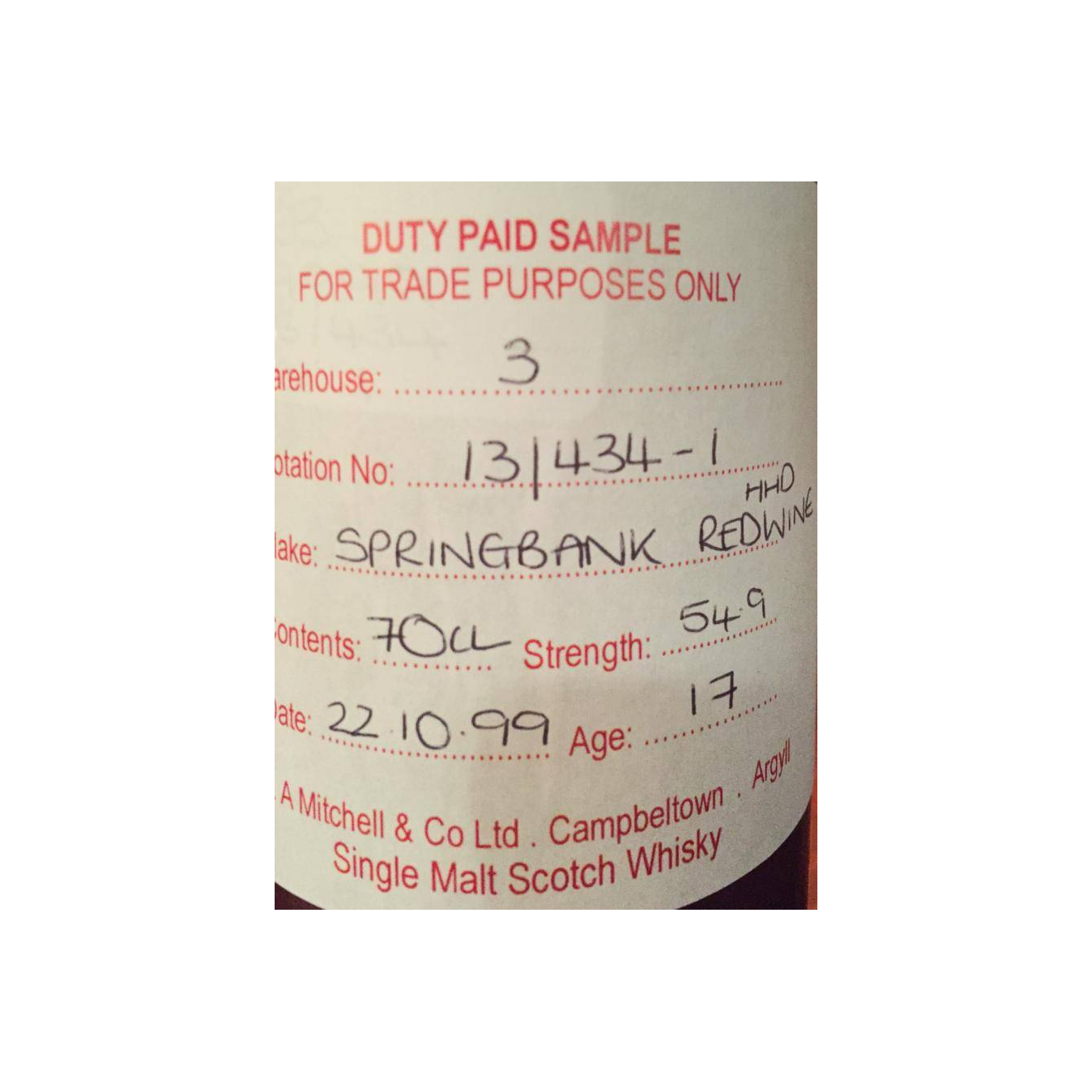 Springbank Duty Paid Sample - For Trade Purposes Only 1999 17 Years Single Malt Whisky