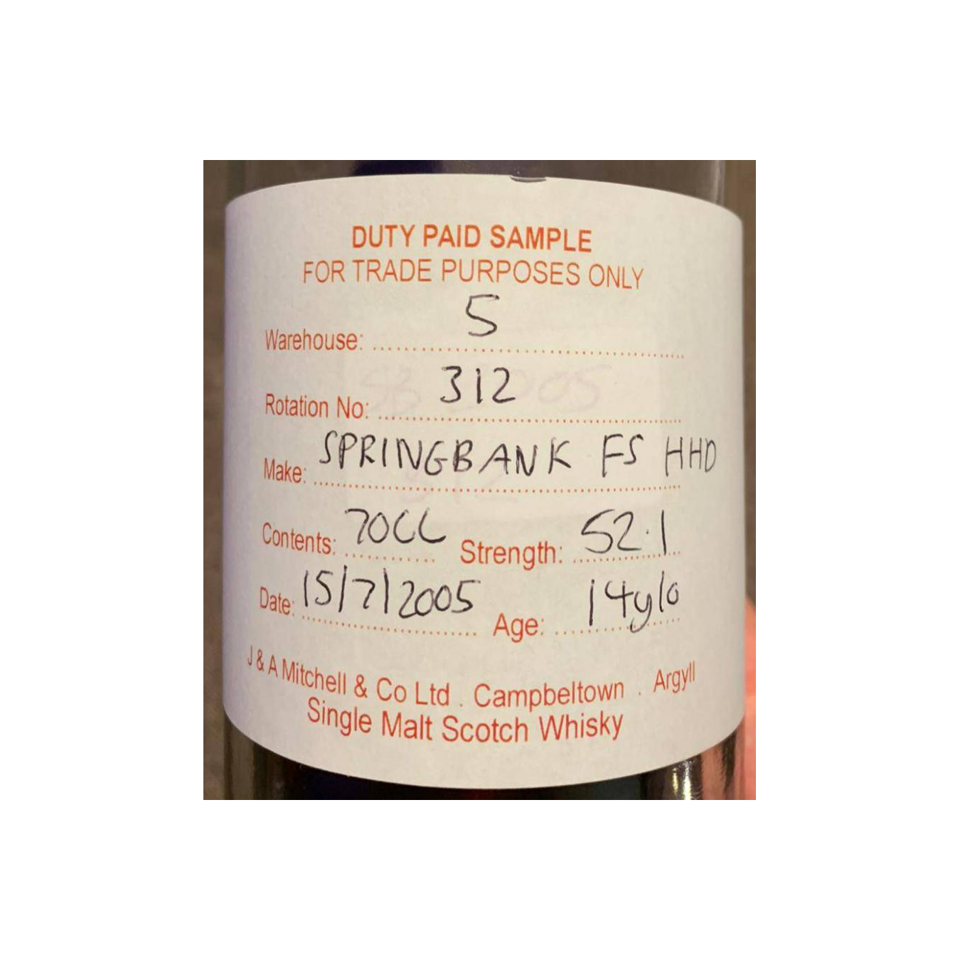 Springbank Duty Paid Sample - For Trade Purposes Only 2005 14 Years Single Malt Whisky