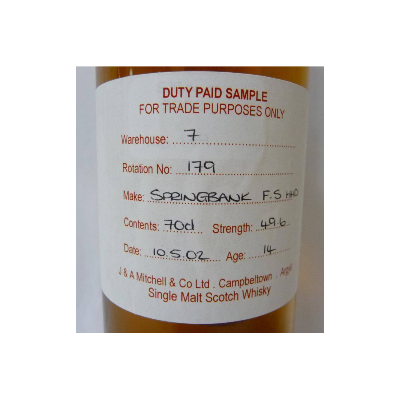 Springbank Duty Paid Sample - For Trade Purposes Only 2002 14 Years Single Malt Whisky 2
