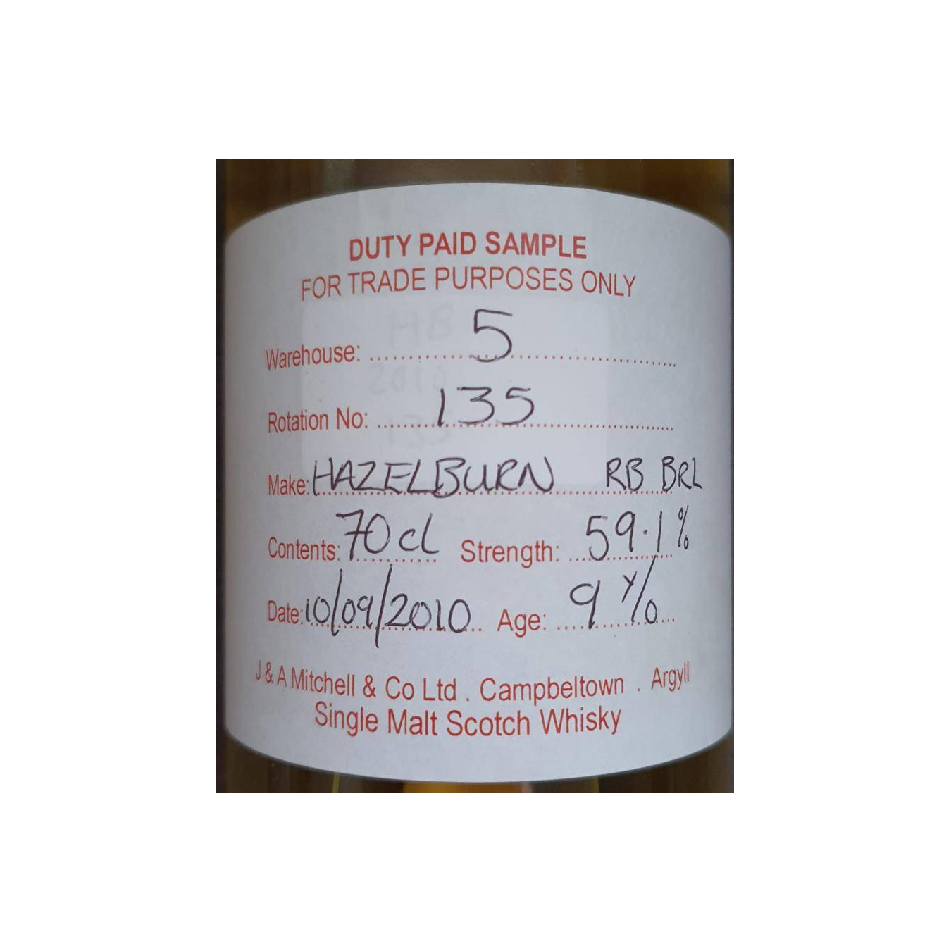 Hazelburn Duty Paid Sample - For Trade Purposes Only 2010 9 Years Single Malt Whisky