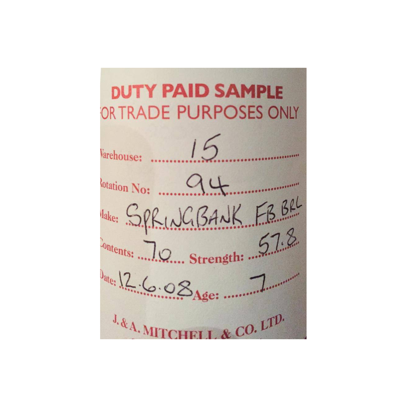 Springbank Duty Paid Sample - For Trade Purposes Only 2008 7 Years Single Malt Whisky