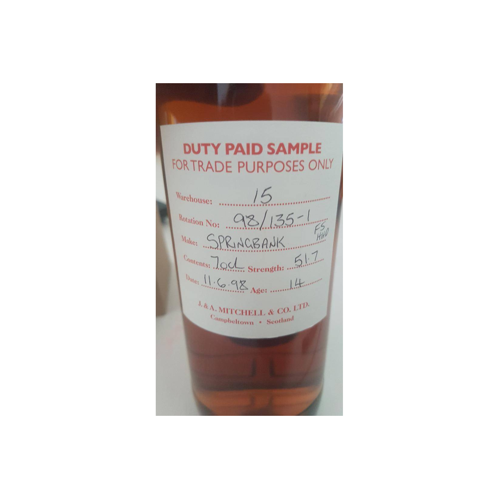 Springbank Duty Paid Sample - For Trade Purposes Only 1998 14 Years Single Malt Whisky 2