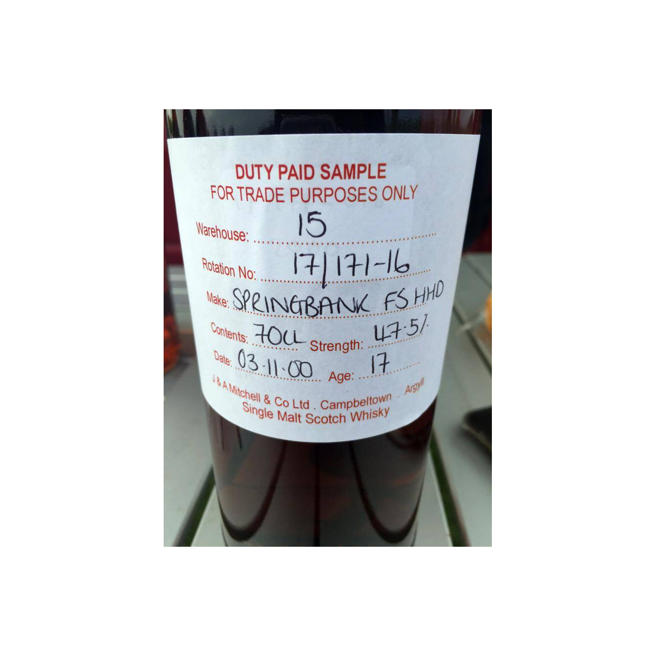 Springbank Duty Paid Sample - For Trade Purposes Only 2000 17 Years Single Malt Whisky