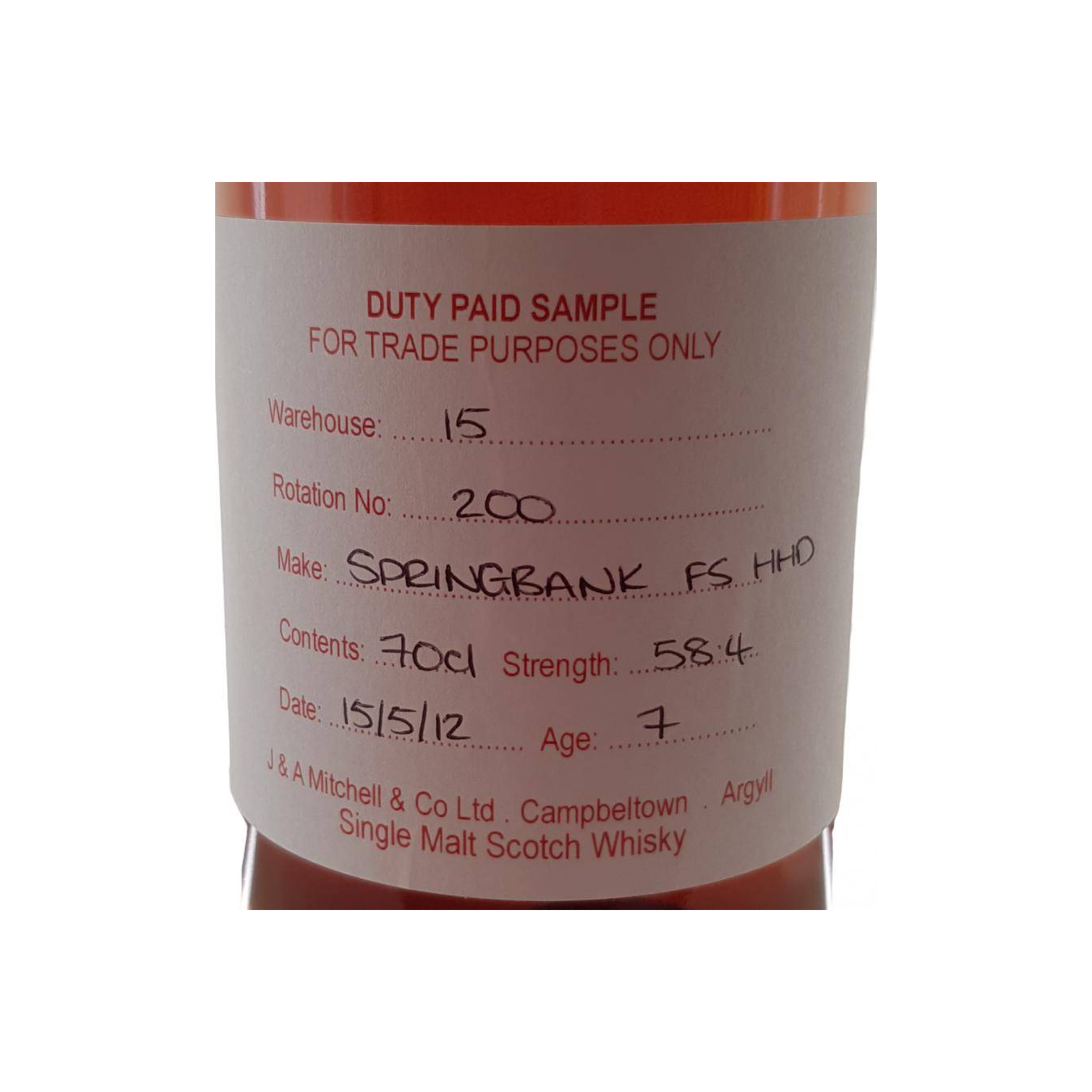 Springbank Duty Paid Sample - For Trade Purposes Only 2012 7 Years Single Malt Whisky