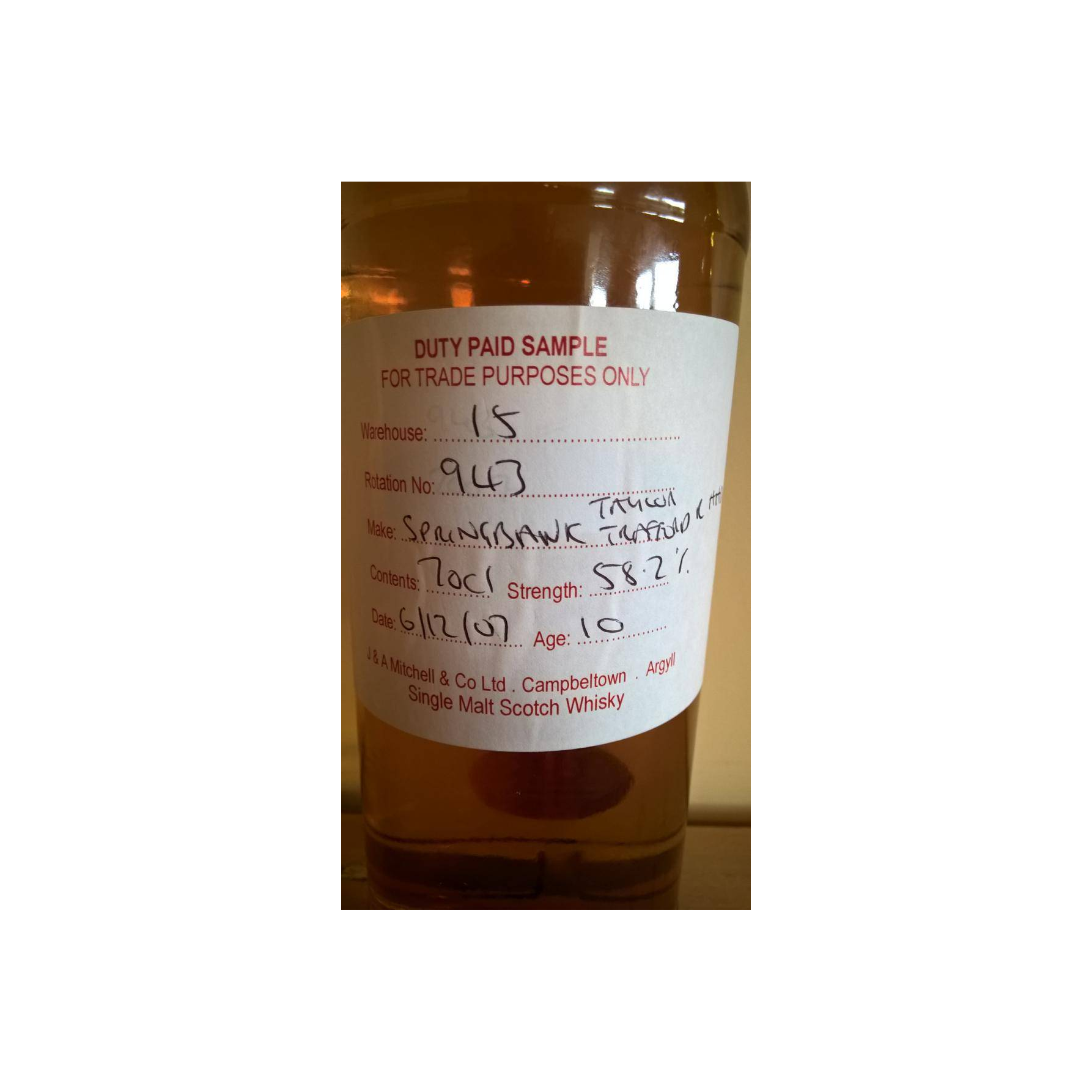 Springbank Duty Paid Sample - For Trade Purposes Only 2007 10 Years Single Malt Whisky 2