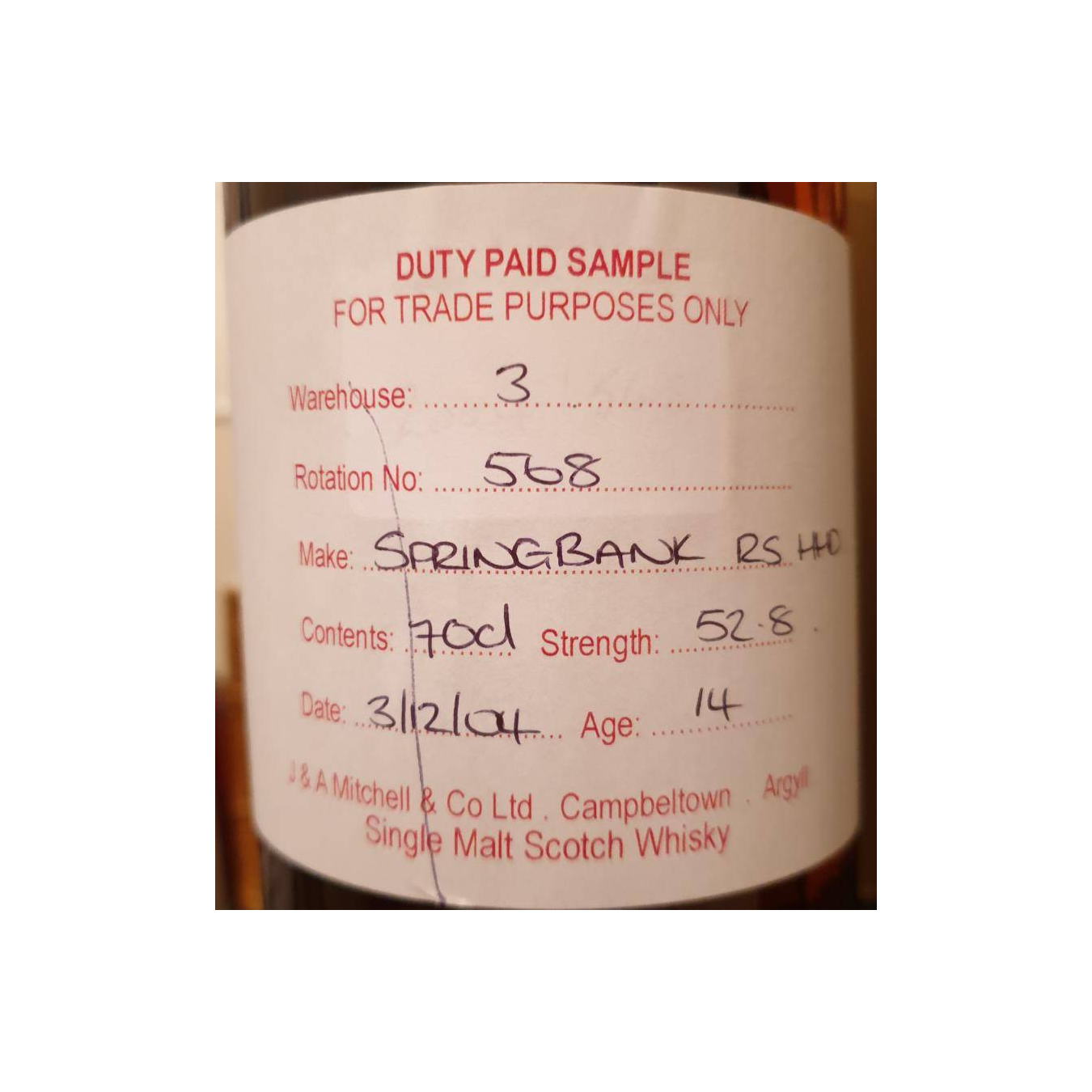 Springbank Duty Paid Sample - For Trade Purposes Only 2004 14 Years Single Malt Whisky