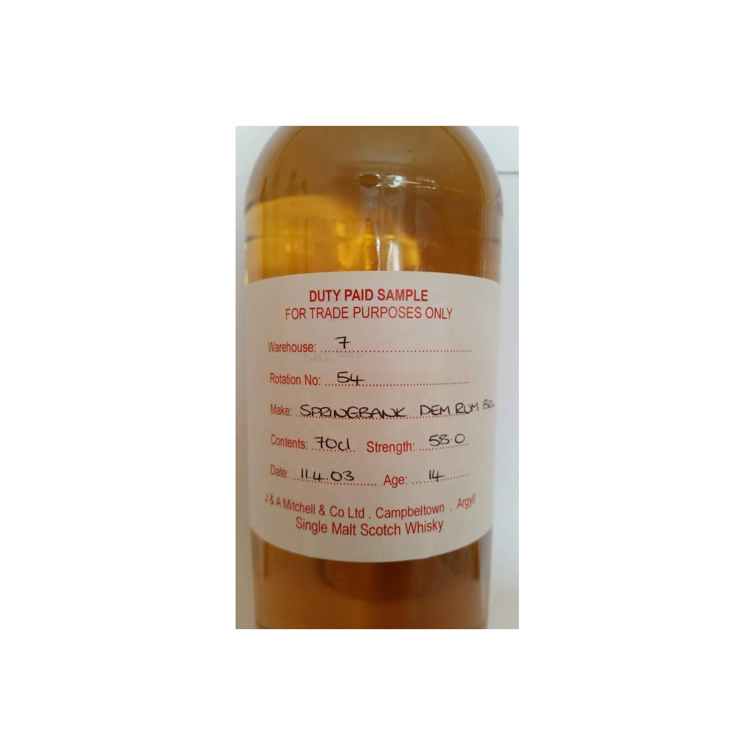 Springbank Duty Paid Sample - For Trade Purposes Only 2003 14 Years Single Malt Whisky
