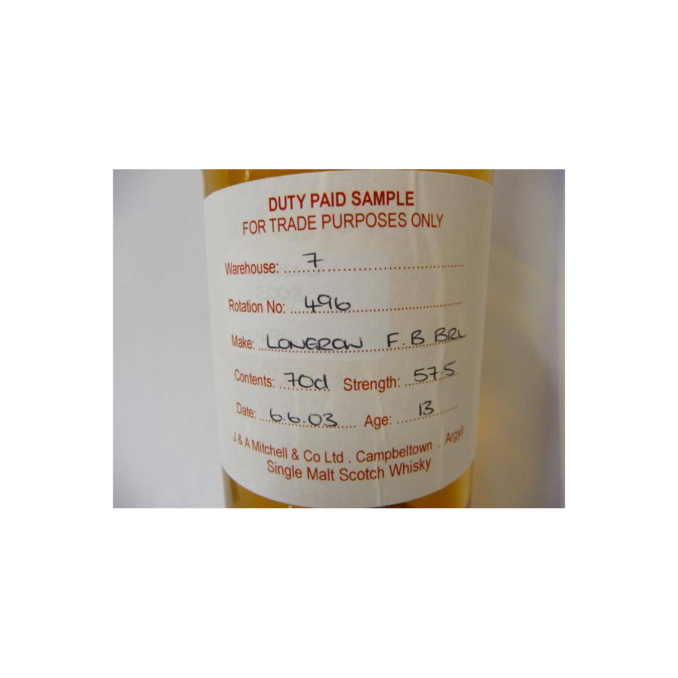 Longrow Duty Paid Sample - For Trade Purposes Only 2003 13 Years Single Malt Whisky 3