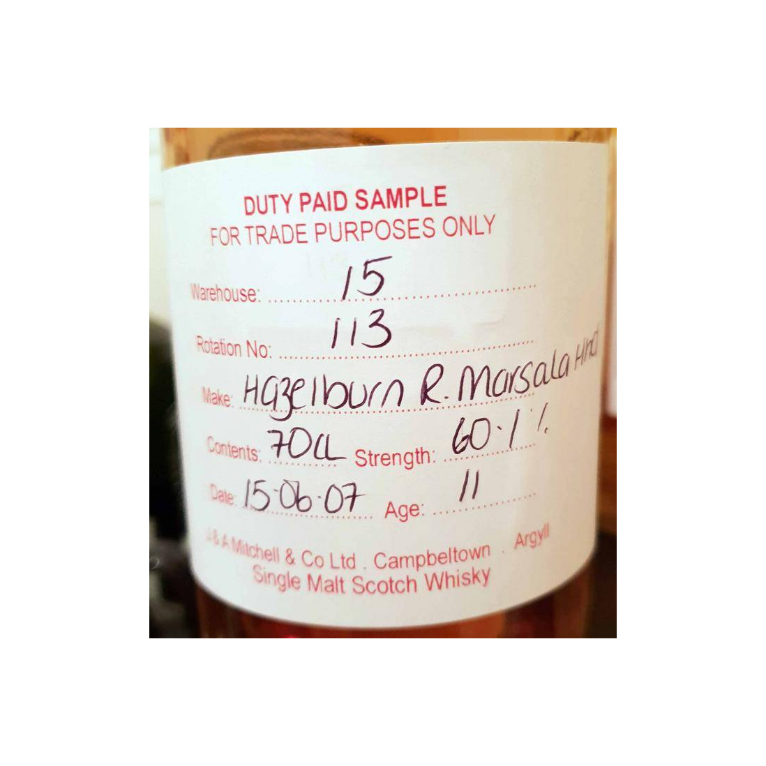 Hazelburn Duty Paid Sample - For Trade Purposes Only 2007 11 Years Single Malt Whisky