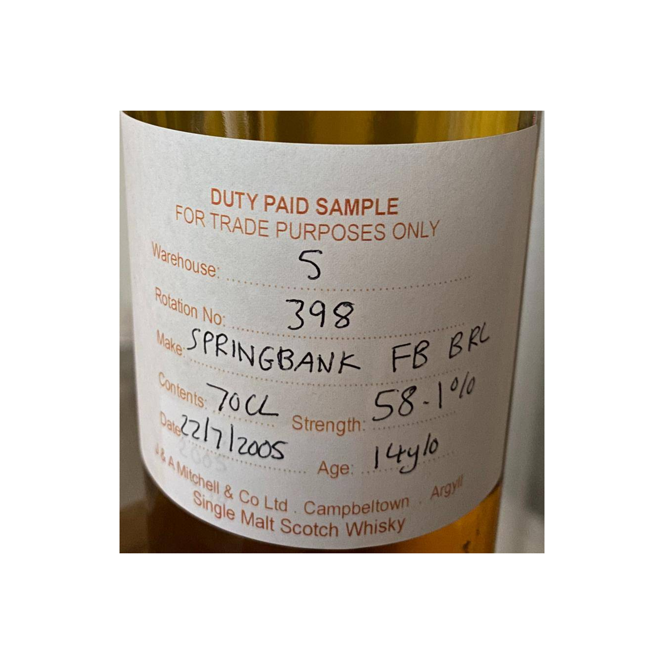 Springbank Duty Paid Sample - For Trade Purposes Only 2005 14 Years Single Malt Whisky