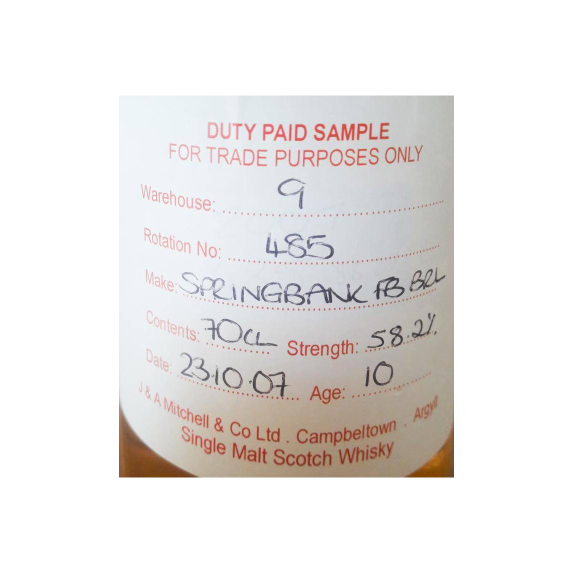 Springbank Duty Paid Sample - For Trade Purposes Only 2007 10 Years Single Malt Whisky