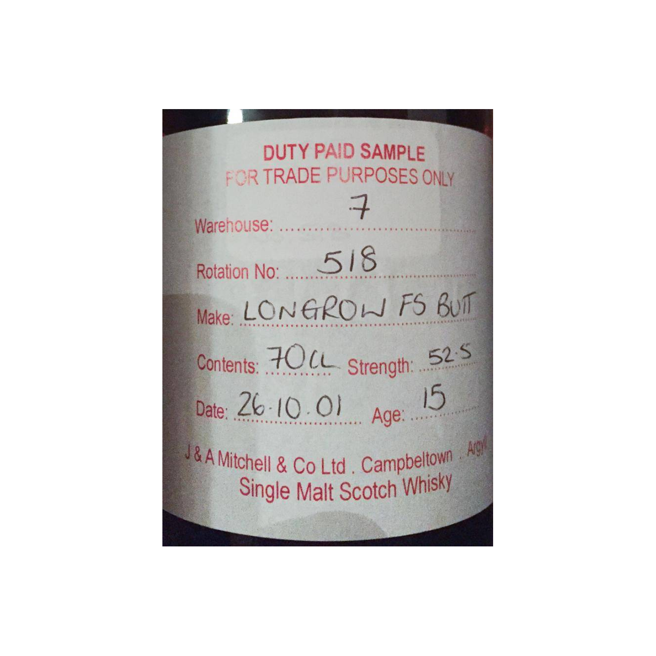 Longrow Duty Paid Sample - For Trade Purposes Only 2001 15 Years Single Malt Whisky