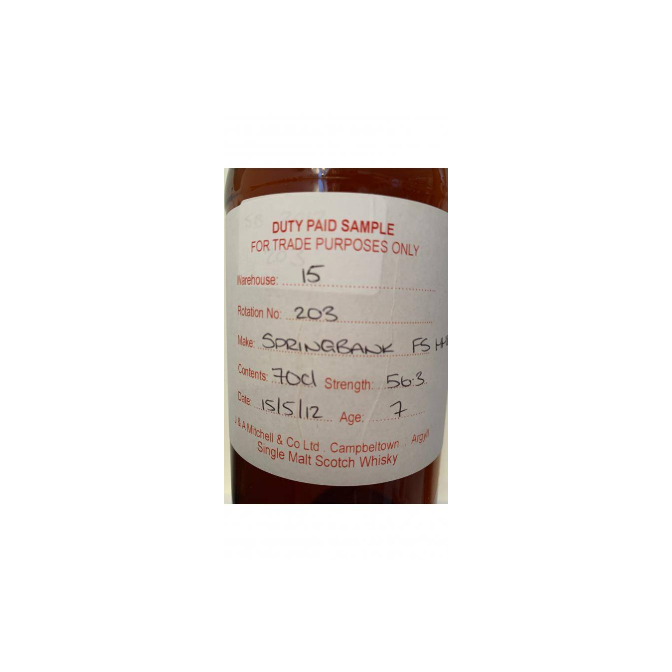 Springbank Duty Paid Sample - For Trade Purposes Only 2012 7 Years Single Malt Whisky 2