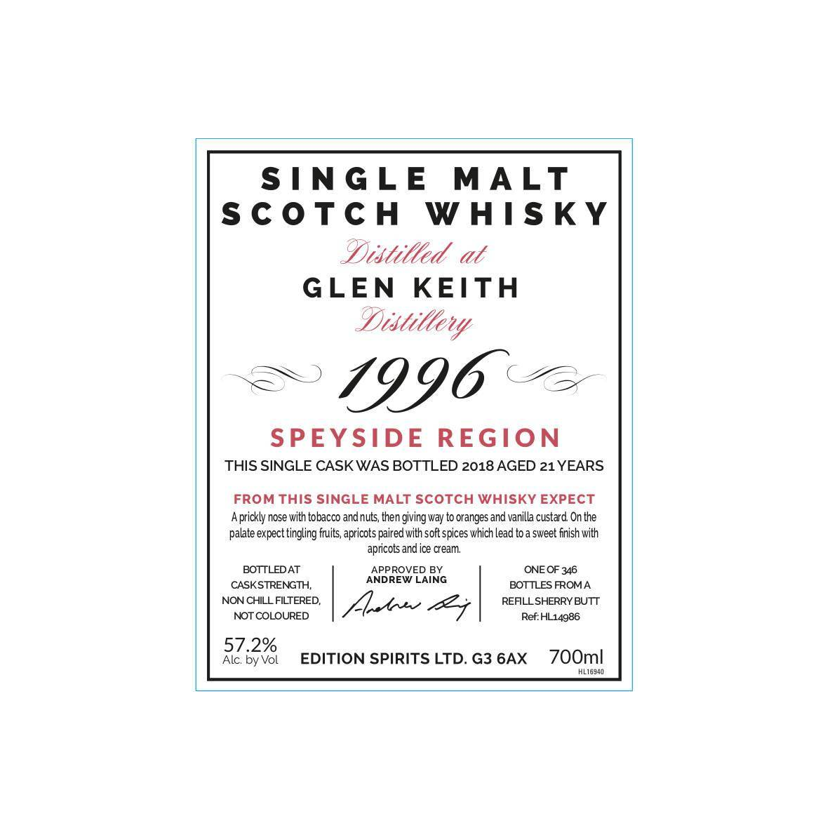 Glen Keith The First Editions 1996 21 Years Single Malt Whisky 2