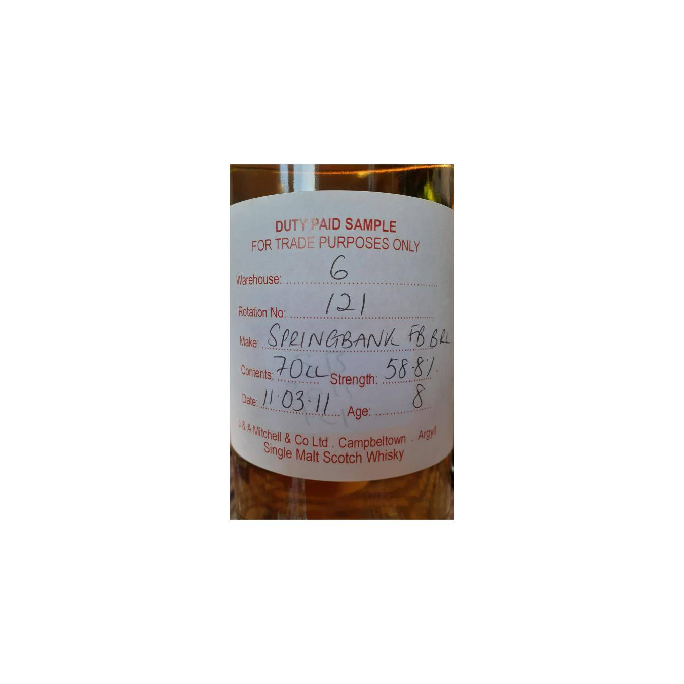 Springbank Duty Paid Sample - For Trade Purposes Only 2011 8 Years Single Malt Whisky