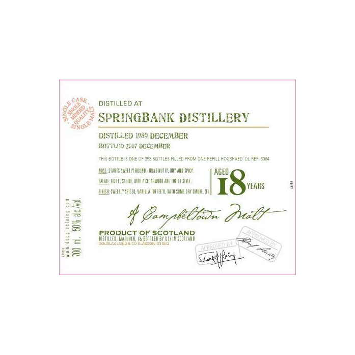 Springbank Old Malt Cask 1989 18 Years Single Malt Whisky 2
