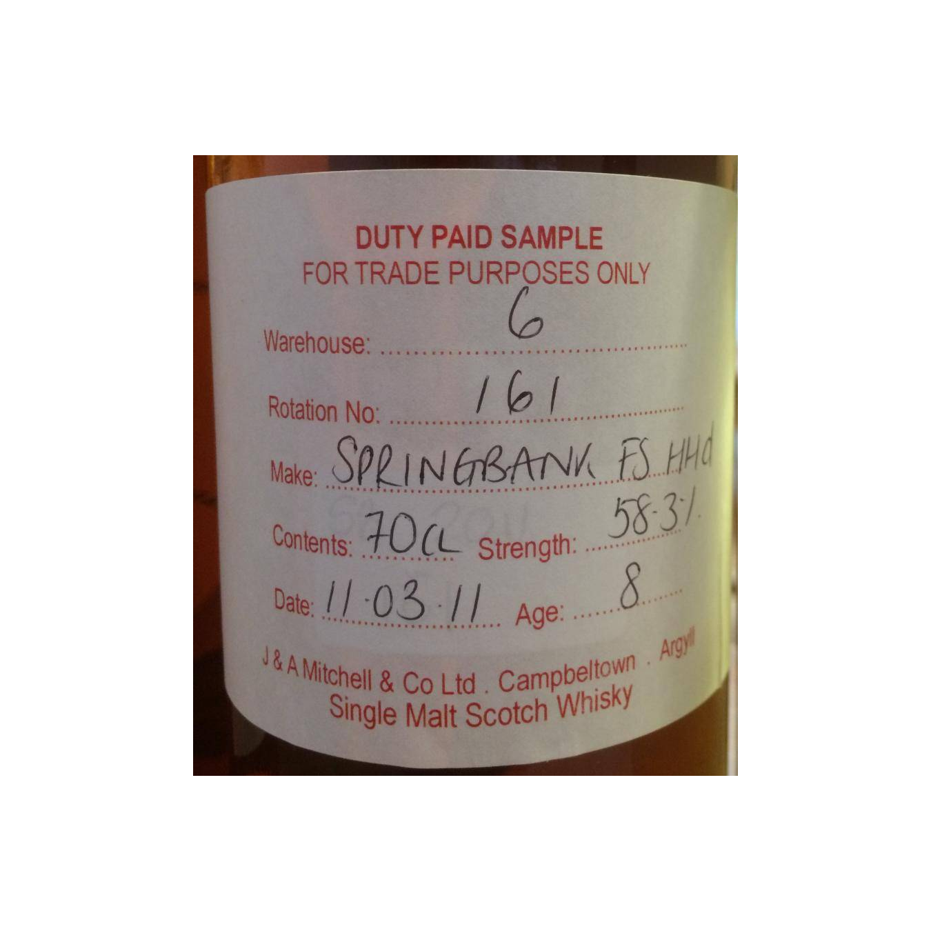 Springbank Duty Paid Sample - For Trade Purposes Only 2011 8 Years Single Malt Whisky