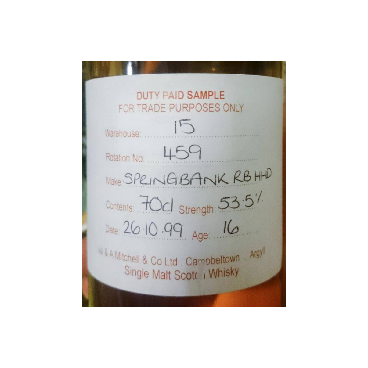 Springbank Duty Paid Sample - For Trade Purposes Only 1999 16 Years Single Malt Whisky