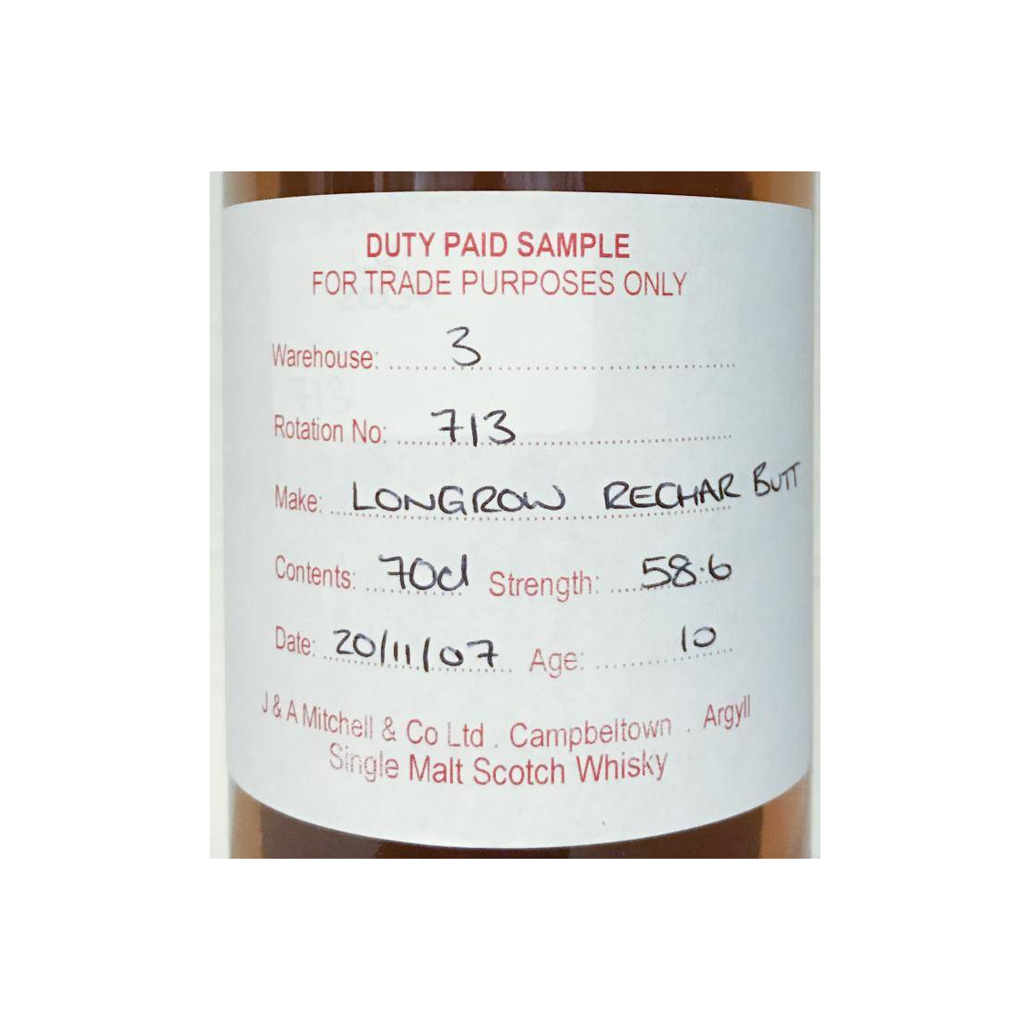 Longrow Duty Paid Sample - For Trade Purposes Only 2007 10 Years Single Malt Whisky 2