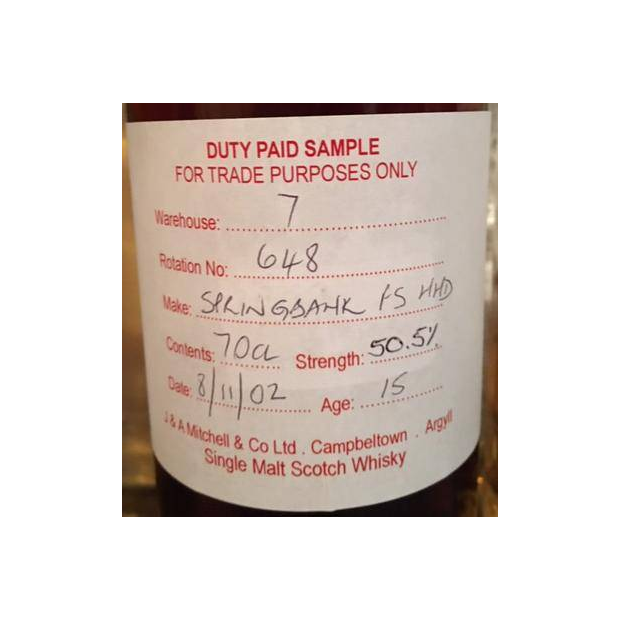 Springbank Duty Paid Sample - For Trade Purposes Only 2002 15 Years Single Malt Whisky