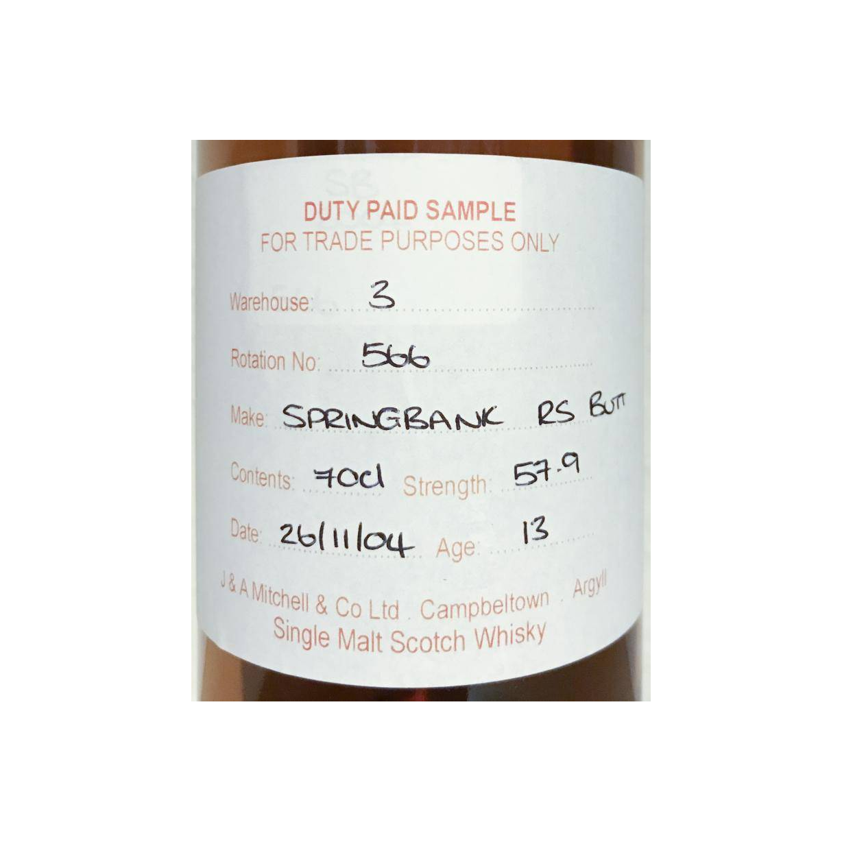 Springbank Duty Paid Sample - For Trade Purposes Only 2004 13 Years Single Malt Whisky 2