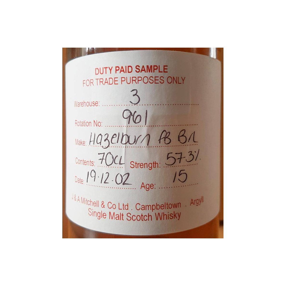 Hazelburn Duty Paid Sample - For Trade Purposes Only 2002 15 Years Single Malt Whisky 2