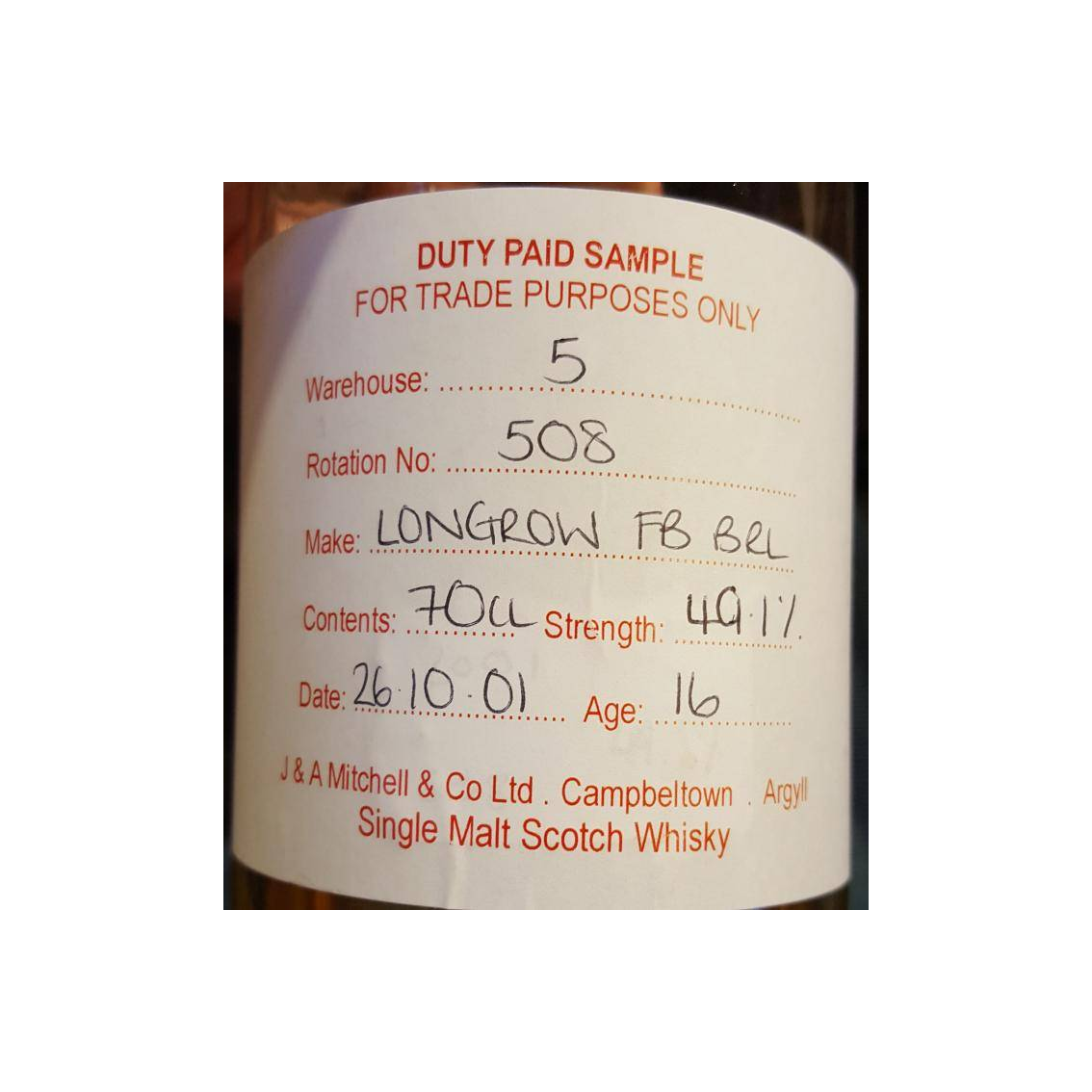 Longrow Duty Paid Sample - For Trade Purposes Only 2001 16 Years Single Malt Whisky