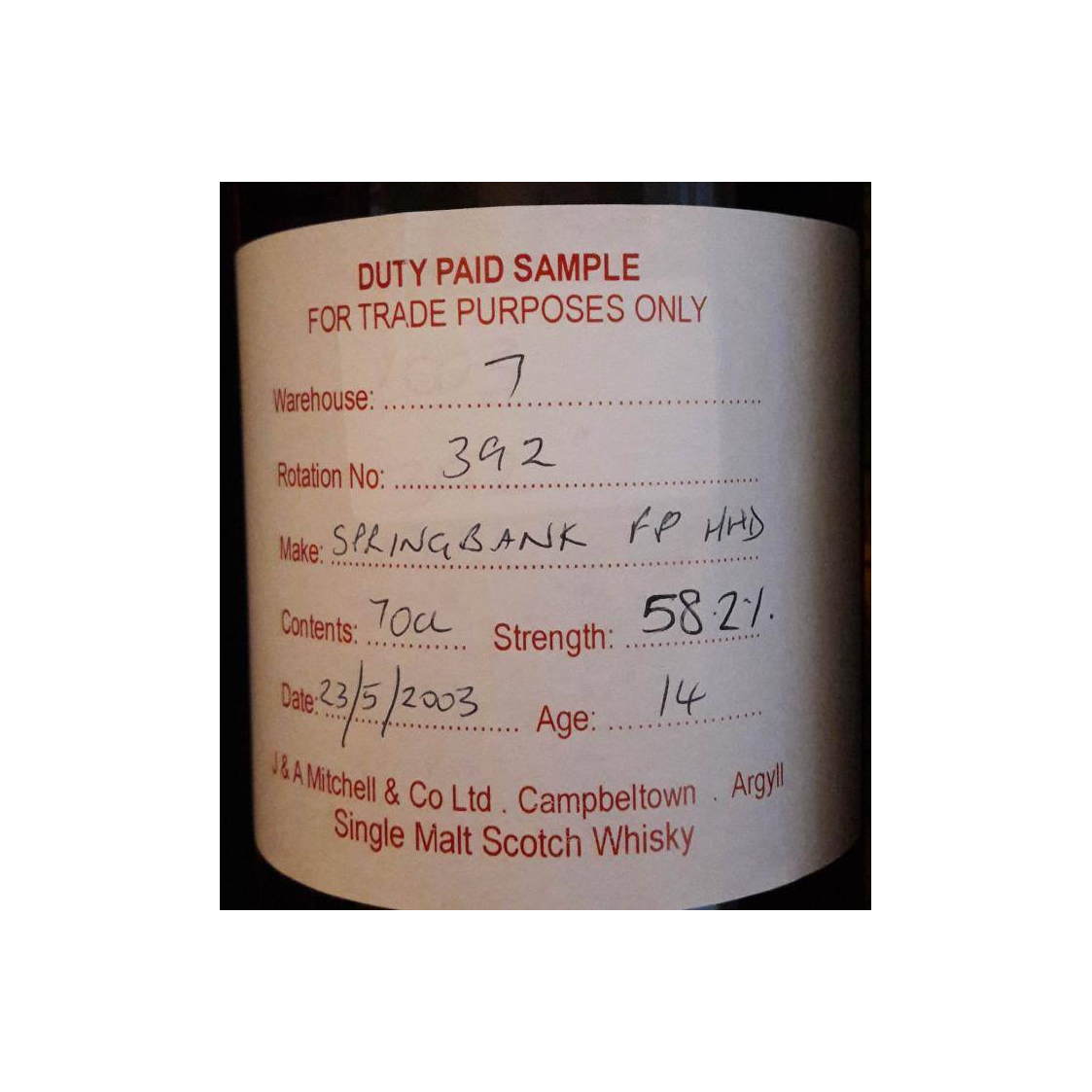 Springbank Duty Paid Sample - For Trade Purposes Only 2003 14 Years Single Malt Whisky