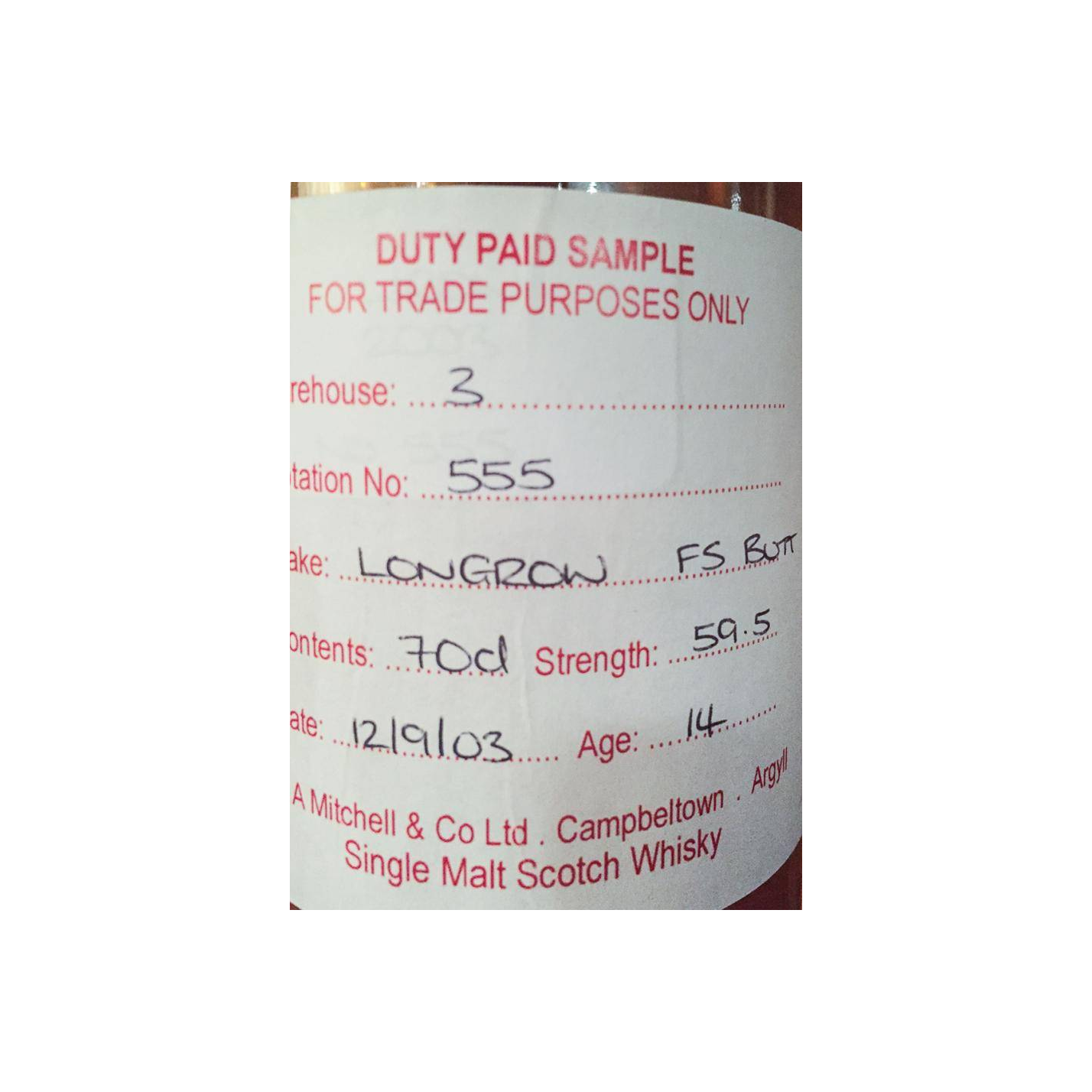 Longrow Duty Paid Sample - For Trade Purposes Only 2003 14 Years Single Malt Whisky