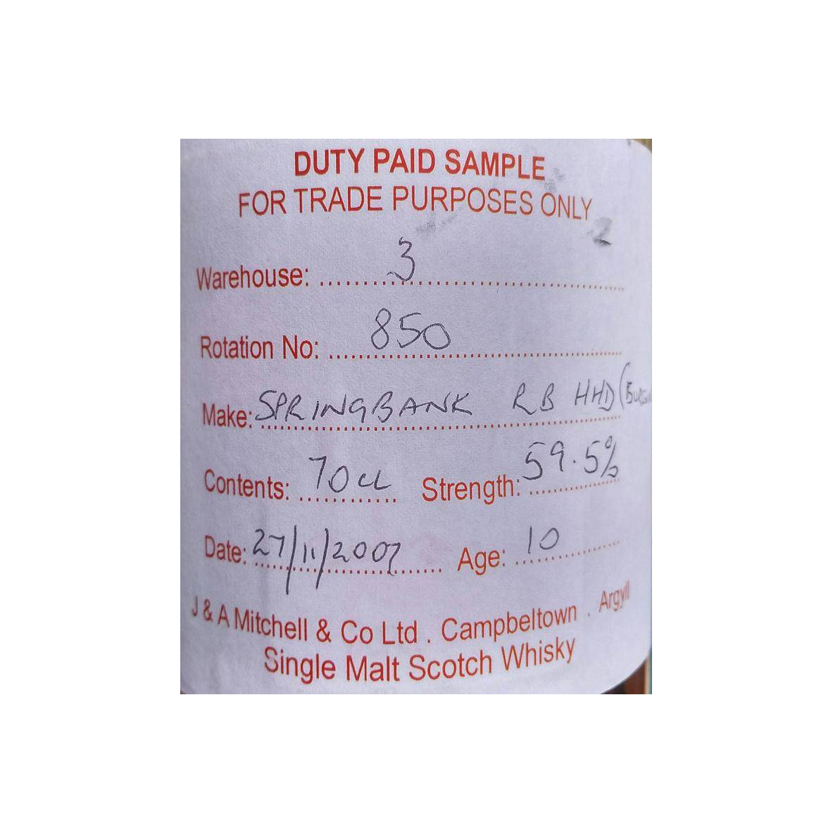 Springbank Duty Paid Sample - For Trade Purposes Only 2007 10 Years Single Malt Whisky