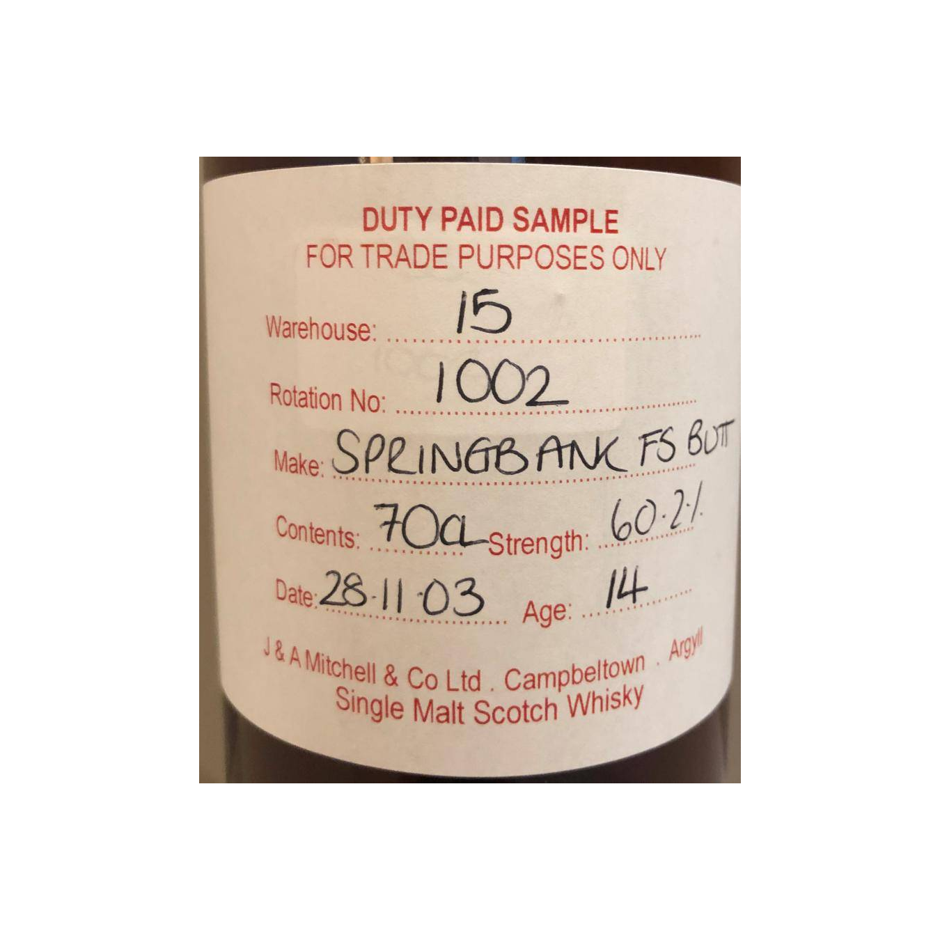 Springbank Duty Paid Sample - For Trade Purposes Only 2003 14 Years Single Malt Whisky 2