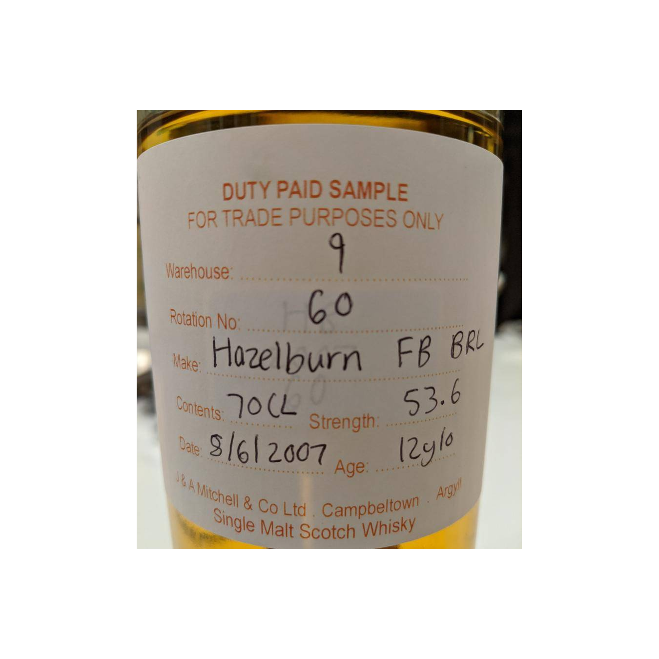 Hazelburn Duty Paid Sample - For Trade Purposes Only 2007 12 Years Single Malt Whisky