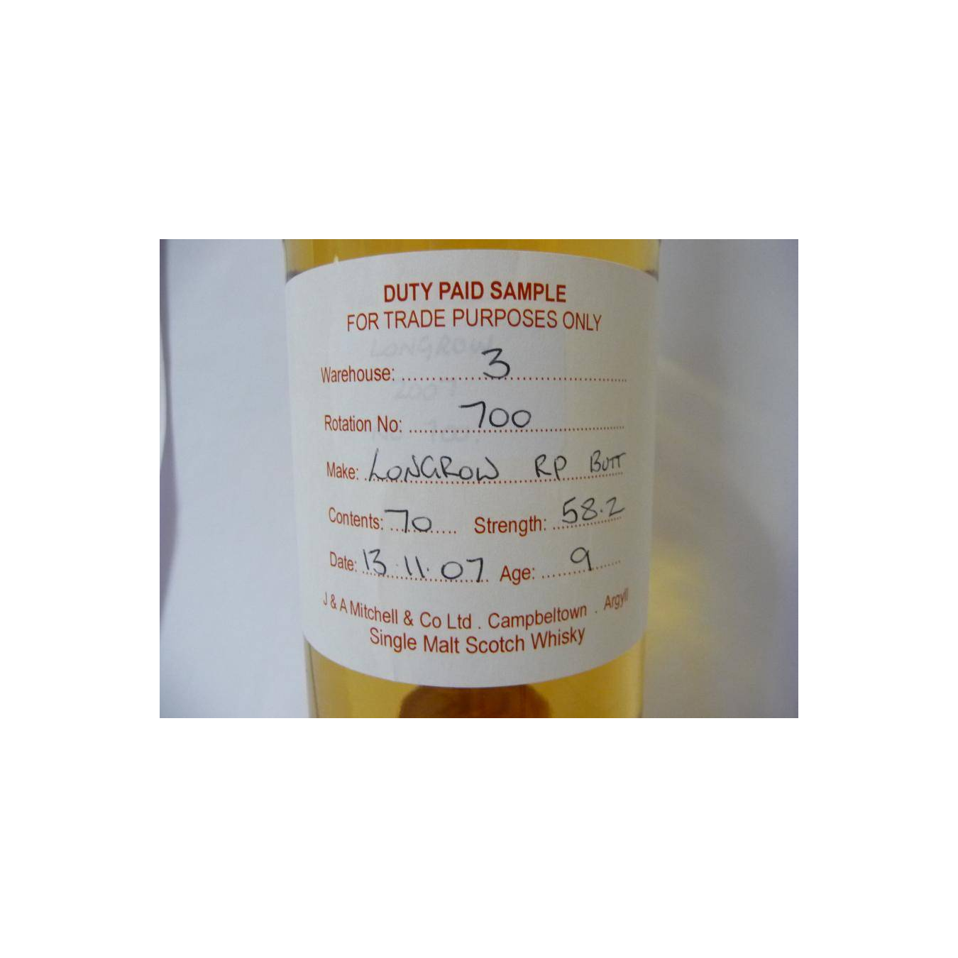 Longrow Duty Paid Sample - For Trade Purposes Only 2007 9 Years Single Malt Whisky 3