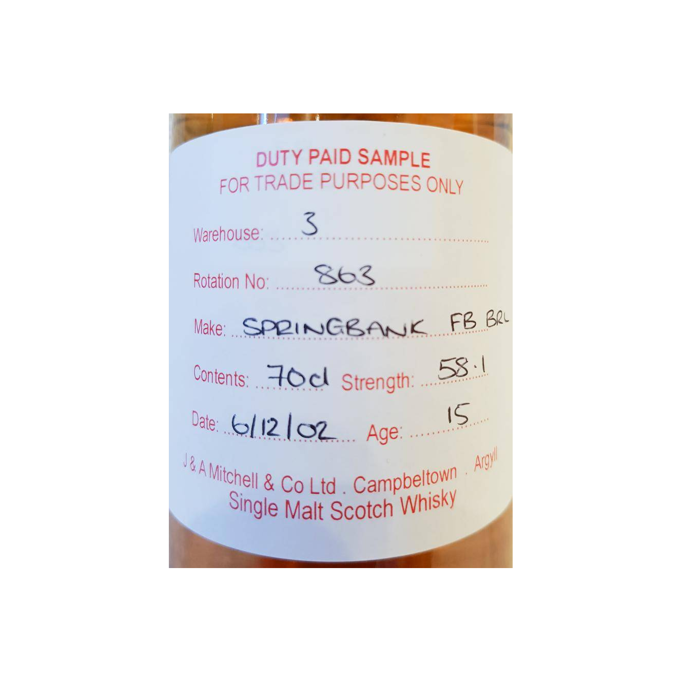 Springbank Duty Paid Sample - For Trade Purposes Only 2002 15 Years Single Malt Whisky 2