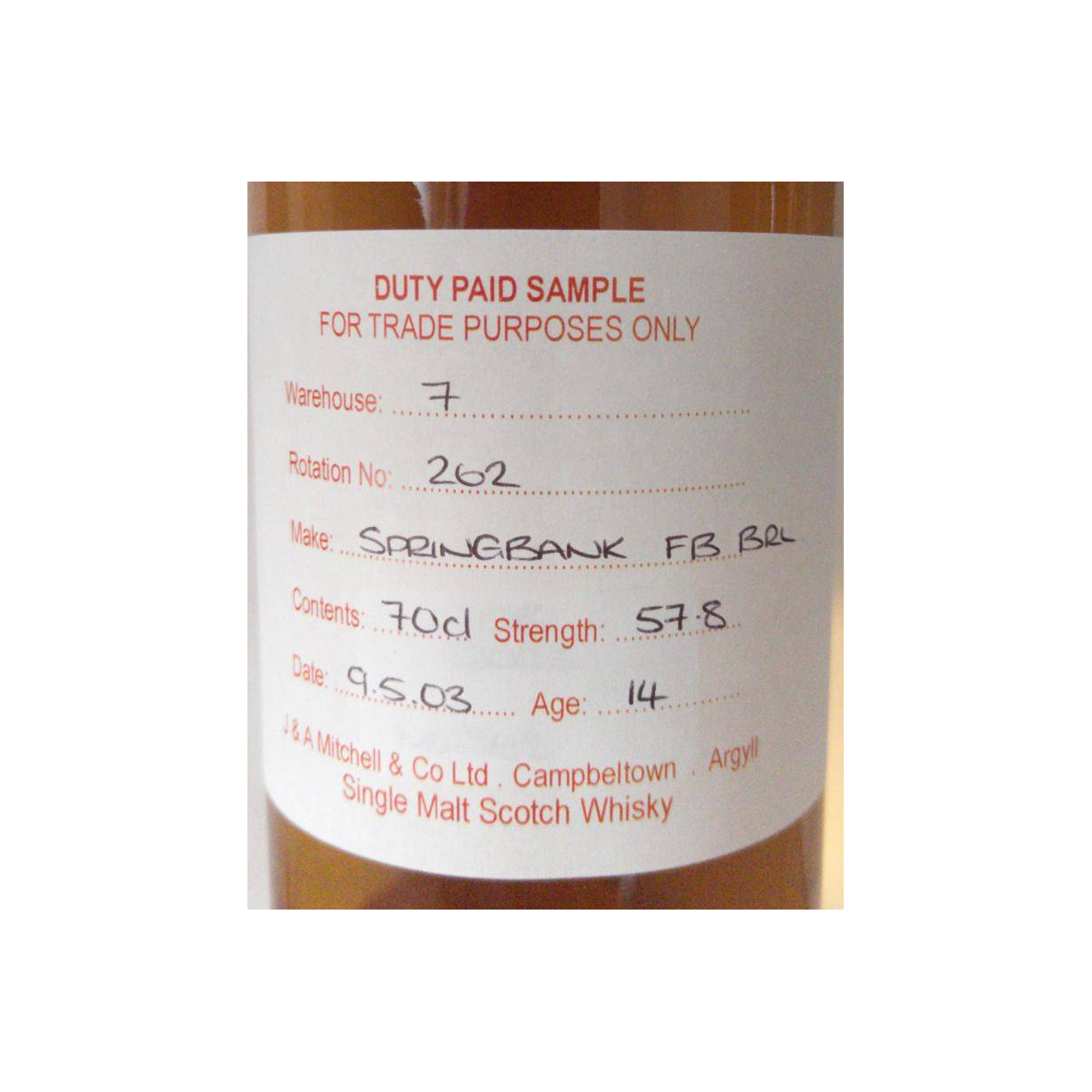 Springbank Duty Paid Sample - For Trade Purposes Only 2003 14 Years Single Malt Whisky 2