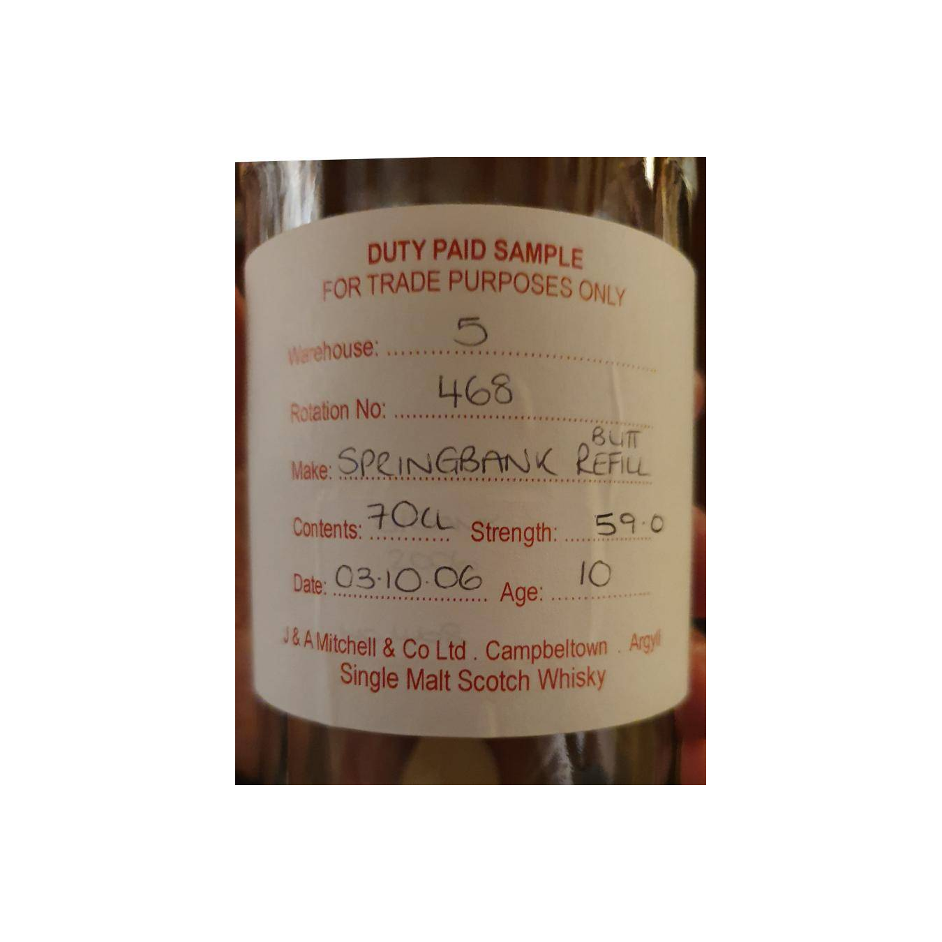 Springbank Duty Paid Sample - For Trade Purposes Only 2006 10 Years Single Malt Whisky