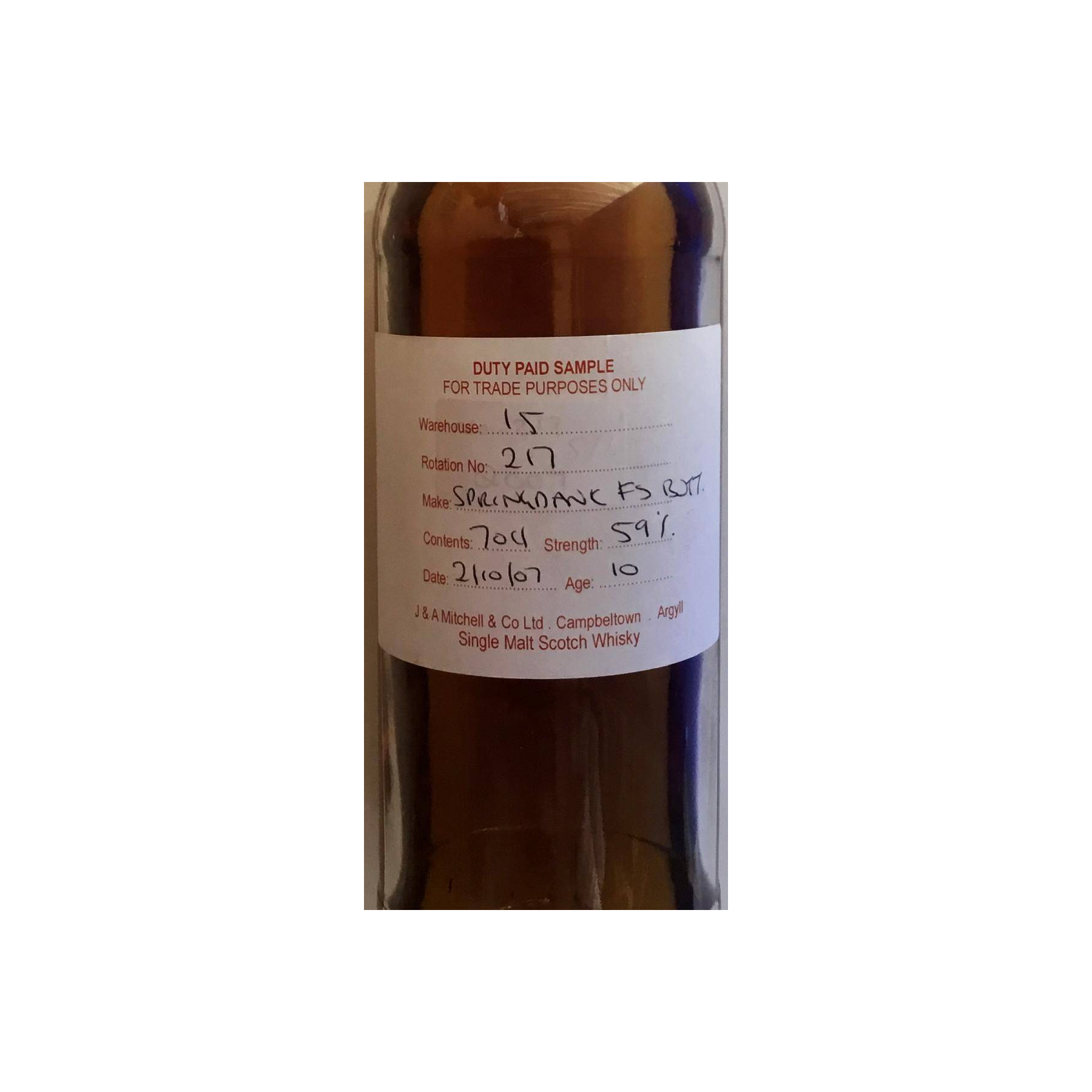Springbank Duty Paid Sample - For Trade Purposes Only 2007 10 Years Single Malt Whisky