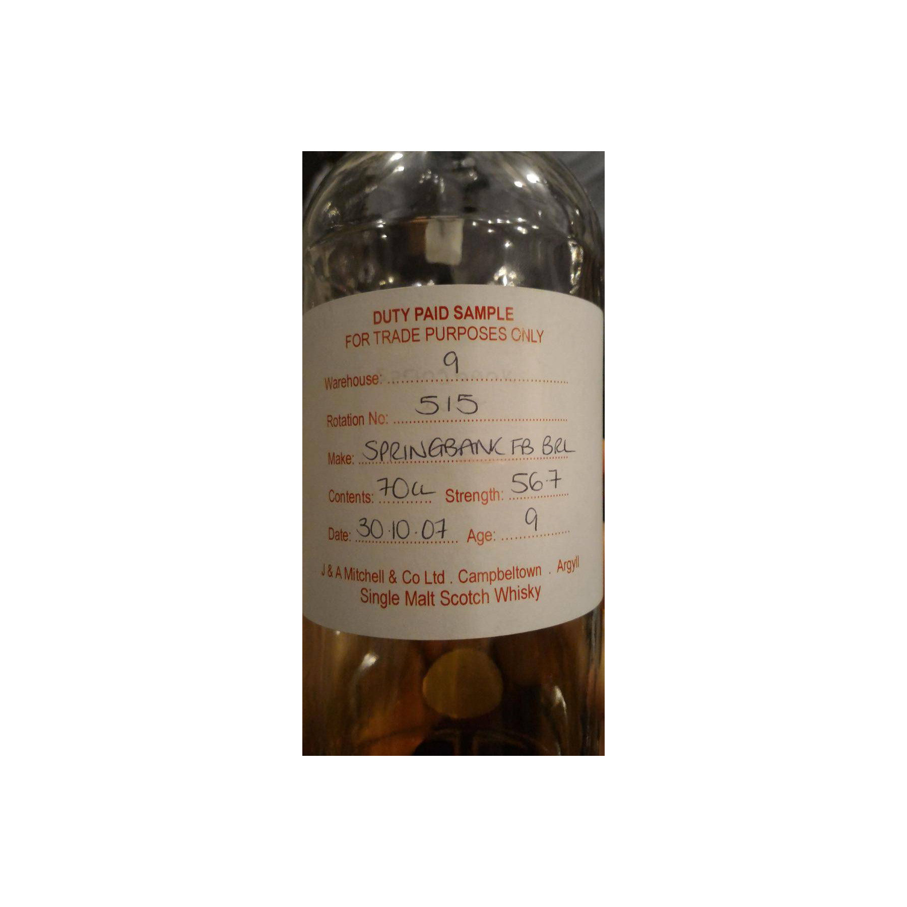 Springbank Duty Paid Sample - For Trade Purposes Only 2007 9 Years Single Malt Whisky